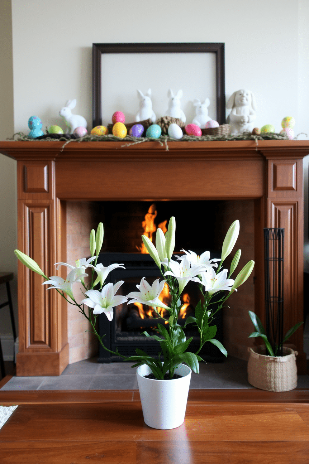 A cozy living room adorned with a charming fireplace as the focal point. Above the mantle, vibrant Easter decorations, including colorful eggs and cheerful bunnies, create a festive atmosphere. In front of the fireplace, a pair of mini potted Easter lilies add a touch of elegance and freshness. Their delicate blooms contrast beautifully with the warm tones of the wood and the soft glow of the flames.