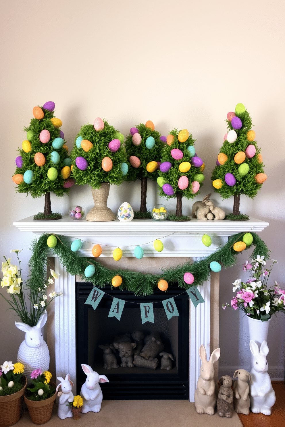 A whimsical display of Easter egg topiary trees, featuring vibrant pastel-colored eggs meticulously arranged on lush green foliage. The trees are set against a soft, light-colored backdrop, enhancing the cheerful and festive atmosphere. A cozy fireplace adorned with Easter decorations, showcasing a garland of colorful eggs draped across the mantel. Surrounding the fireplace are various decorative elements, including ceramic bunnies and spring flowers, creating a warm and inviting holiday setting.