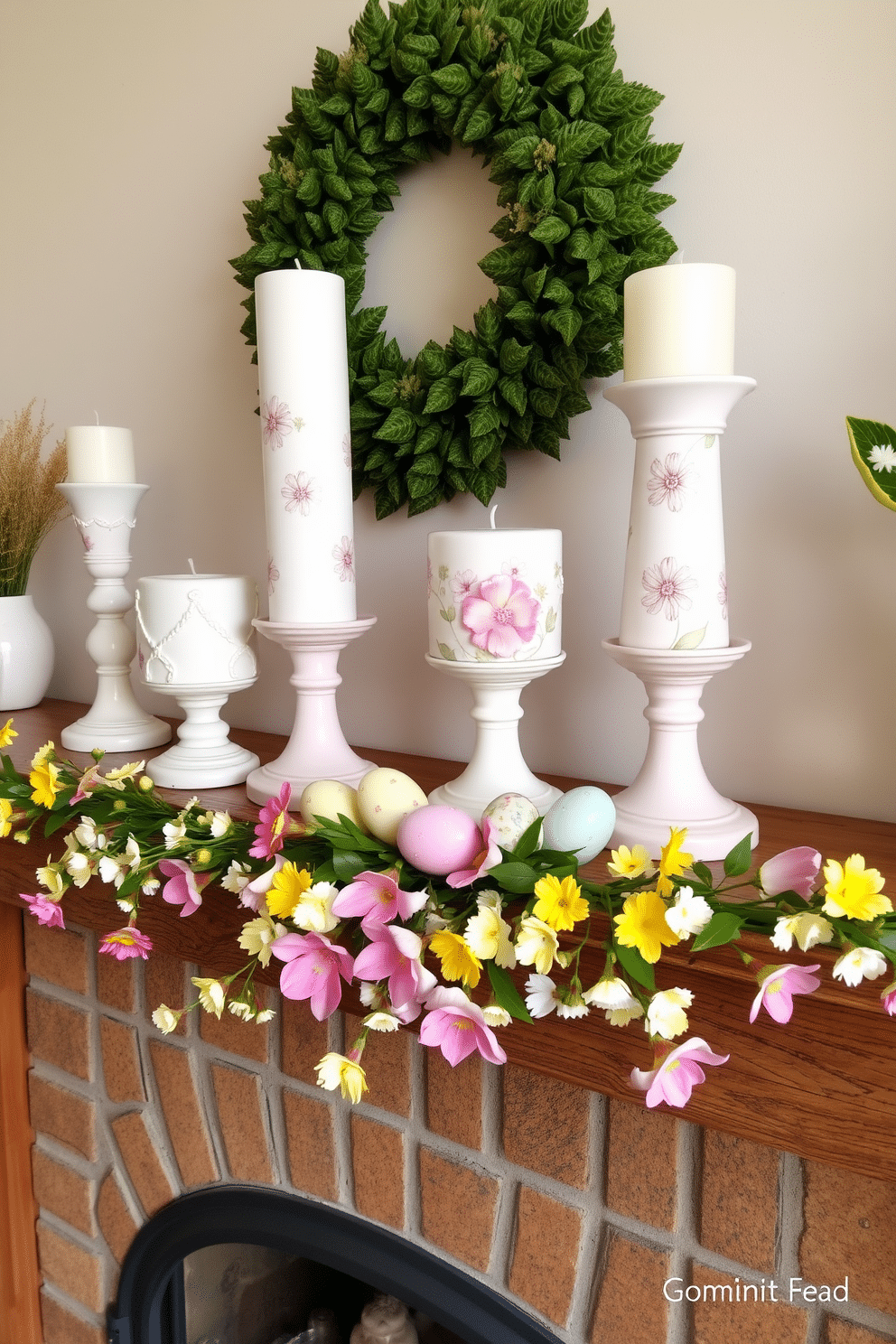 A charming spring-themed display featuring elegant candle holders made of pastel-colored ceramic. Each holder is adorned with floral patterns, and they are arranged on a rustic wooden mantel above a cozy fireplace. The fireplace is beautifully decorated for Easter, with a garland of fresh flowers draped across the mantel. Colorful Easter eggs in various sizes are nestled among the flowers, adding a festive touch to the warm ambiance.