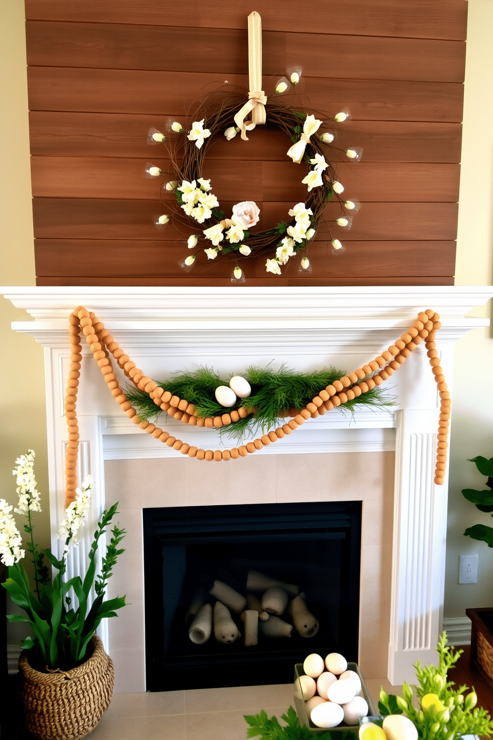 A cozy living room adorned with a wooden bead garland draped elegantly across the mantel. The garland features a mix of natural wood tones and white accents, complementing the warm hues of the surrounding decor. A charming fireplace is decorated for Easter, featuring pastel-colored eggs nestled among greenery on the mantel. Above, a seasonal wreath made of soft florals and twigs adds a touch of springtime cheer to the warm ambiance.