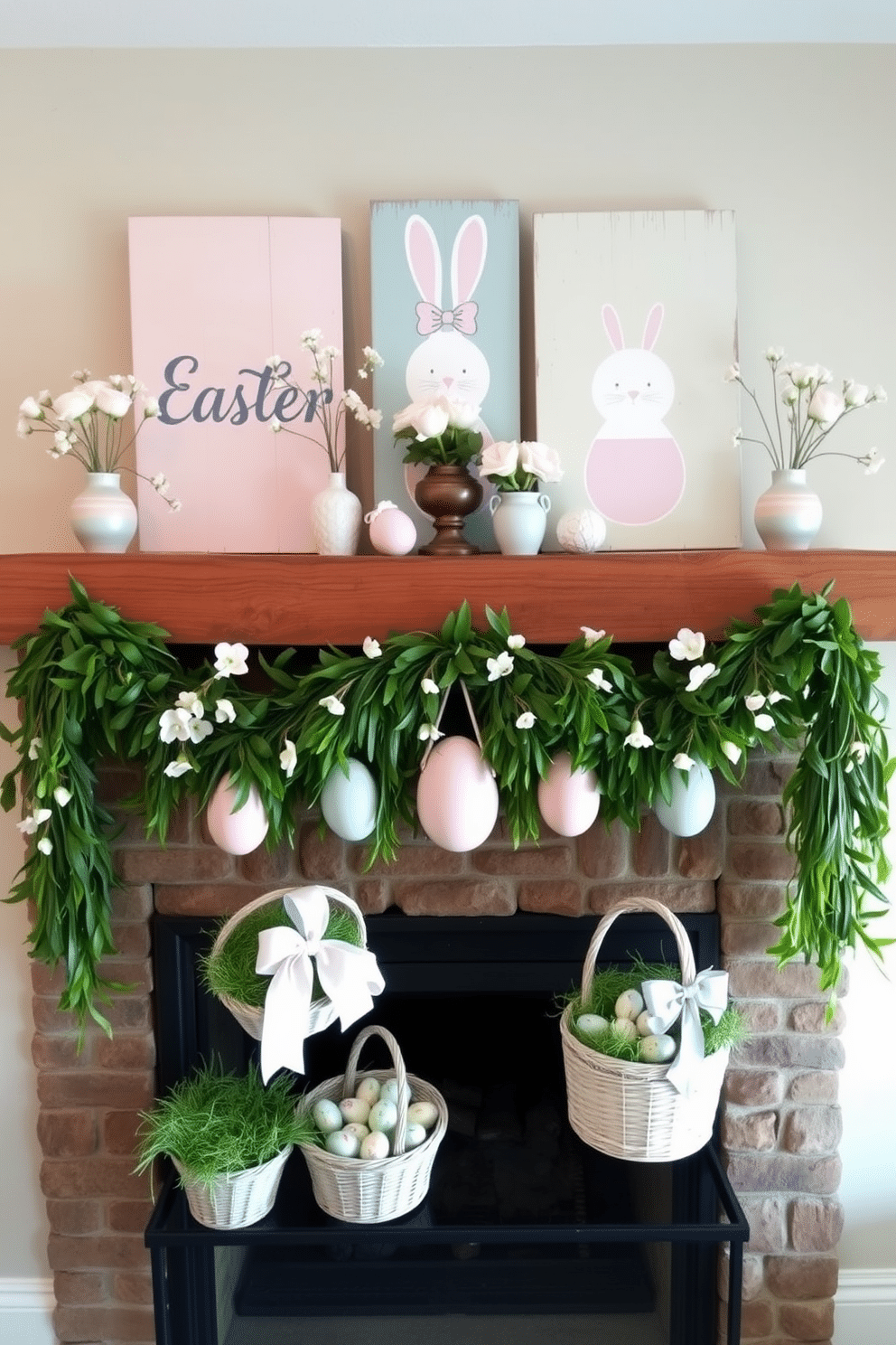 A charming display of painted wooden Easter signs adorns a rustic mantelpiece, featuring pastel colors and whimsical designs of bunnies and eggs. Surrounding the signs, delicate spring flowers in soft hues are arranged in vintage vases, enhancing the festive atmosphere. A cozy fireplace is beautifully decorated for Easter, showcasing a garland of fresh greenery interspersed with colorful Easter eggs. On the hearth, a collection of decorative baskets filled with faux grass and chocolate eggs adds a playful touch to the warm ambiance.