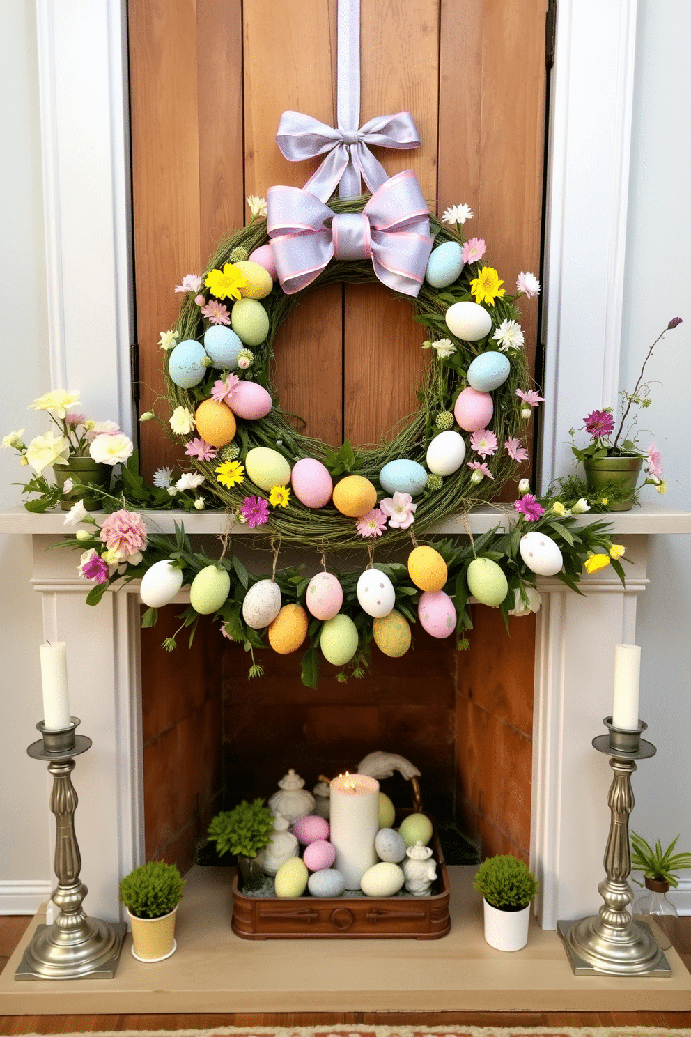 A vibrant Easter egg wreath adorned with pastel-colored eggs, nestled among fresh spring flowers and greenery. The wreath is hung on a rustic wooden door, inviting a cheerful ambiance to the entryway. A cozy fireplace decorated for Easter, featuring a garland of colorful eggs draped along the mantel. Flanking the fireplace are elegant candlesticks and small potted plants, creating a warm and festive atmosphere.