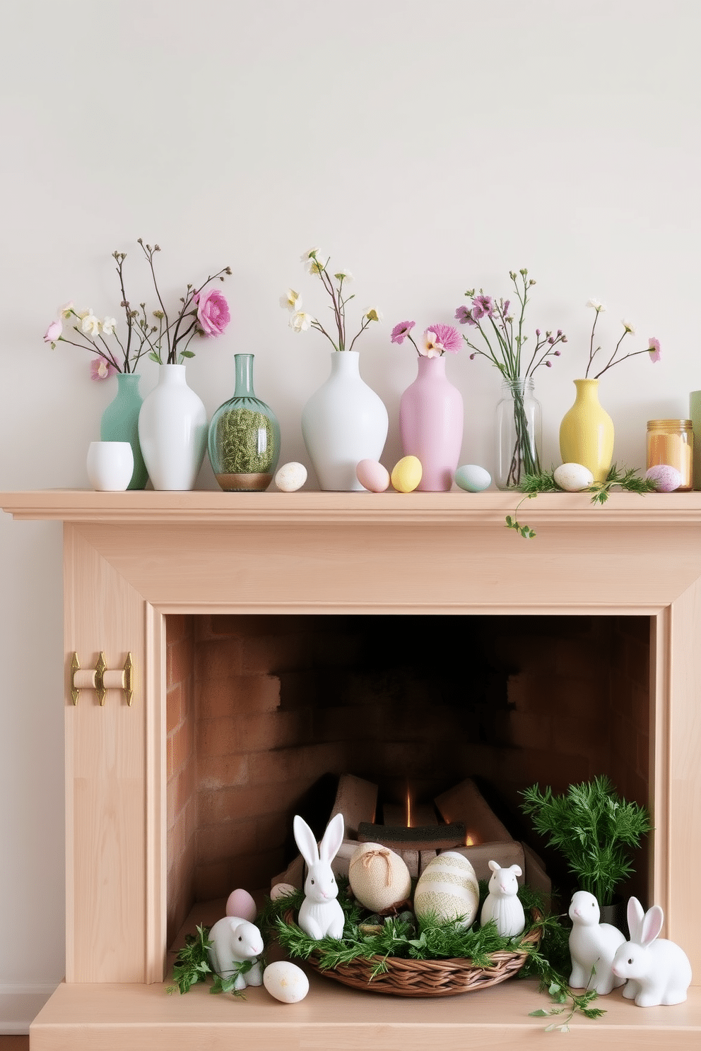 A collection of pastel-colored vases in varying shapes and sizes sits elegantly on a light wooden shelf. Each vase is filled with fresh spring flowers, adding a touch of color and vibrancy to the soft, neutral backdrop. A cozy fireplace adorned with Easter decorations creates a warm and inviting atmosphere. Delicate pastel eggs and charming bunnies are artfully arranged around the mantel, complemented by seasonal greenery for a festive touch.