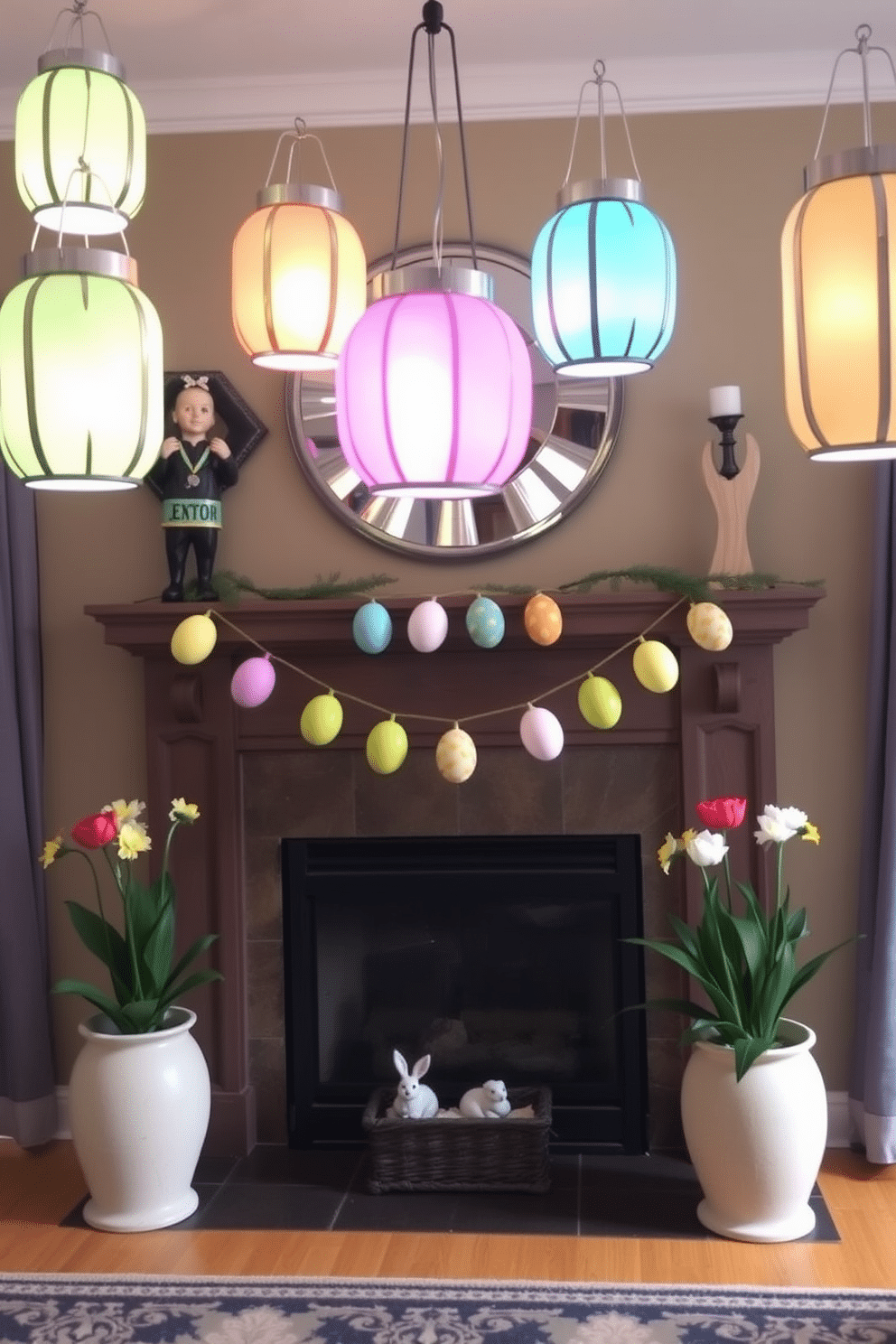 A charming living room adorned with Easter-themed lanterns. The lanterns, painted in pastel colors, hang from the ceiling and cast a warm, inviting glow throughout the space. A cozy fireplace decorated for Easter, featuring a garland of colorful eggs draped across the mantel. Flanking the fireplace are two potted spring flowers, adding a touch of freshness to the festive decor.