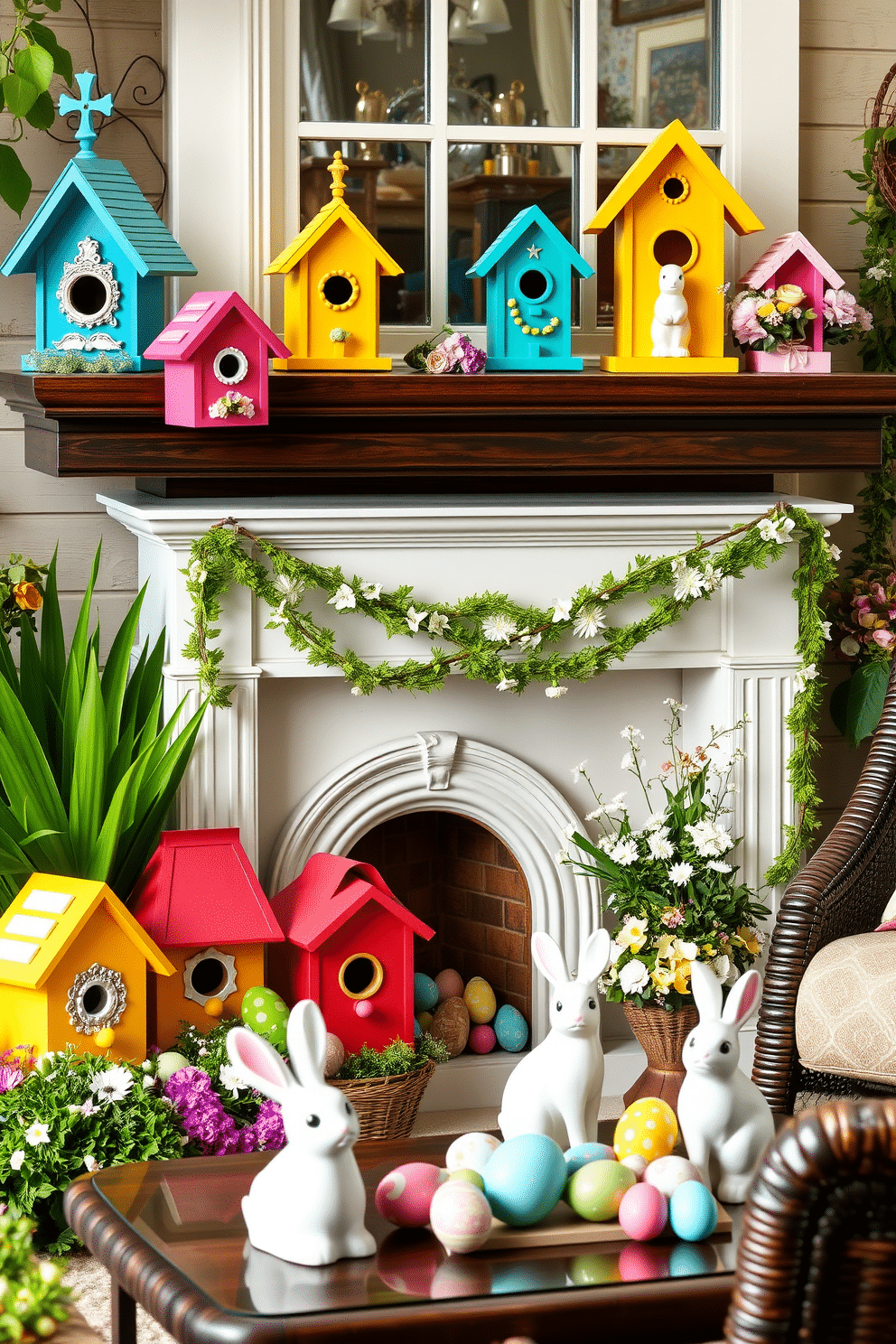 A whimsical outdoor setting featuring a variety of decorative birdhouses in vibrant colors, each uniquely designed with intricate details and patterns. These charming birdhouses are nestled among lush greenery and blooming flowers, creating a delightful scene that invites nature. A cozy living room adorned with a beautifully crafted fireplace, decorated for Easter with pastel-colored garlands and seasonal floral arrangements. The mantel is adorned with elegant ceramic bunnies and colorful eggs, enhancing the warm and inviting atmosphere of the space.