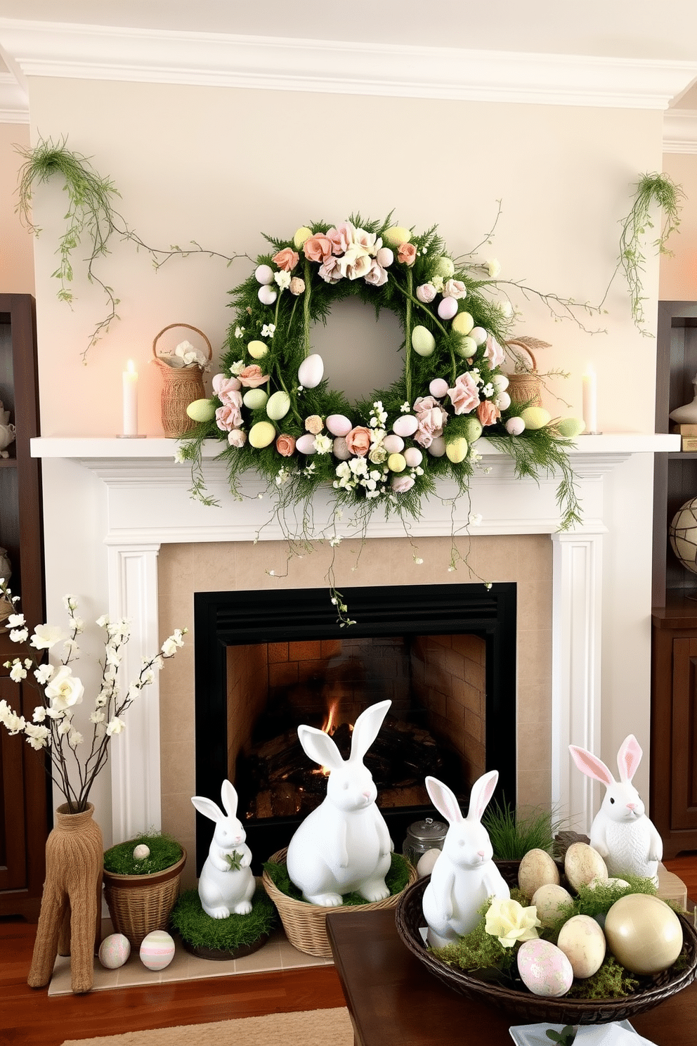 A vibrant floral garland adorned with pastel-colored eggs drapes elegantly across the mantle, adding a festive touch to the space. The garland features a mix of fresh blooms and delicate greenery, creating a cheerful and inviting atmosphere. A cozy fireplace serves as the focal point of the room, surrounded by tasteful Easter decorations. Soft, warm lighting highlights the seasonal decor, including decorative bunnies and intricately designed egg displays, enhancing the festive ambiance.