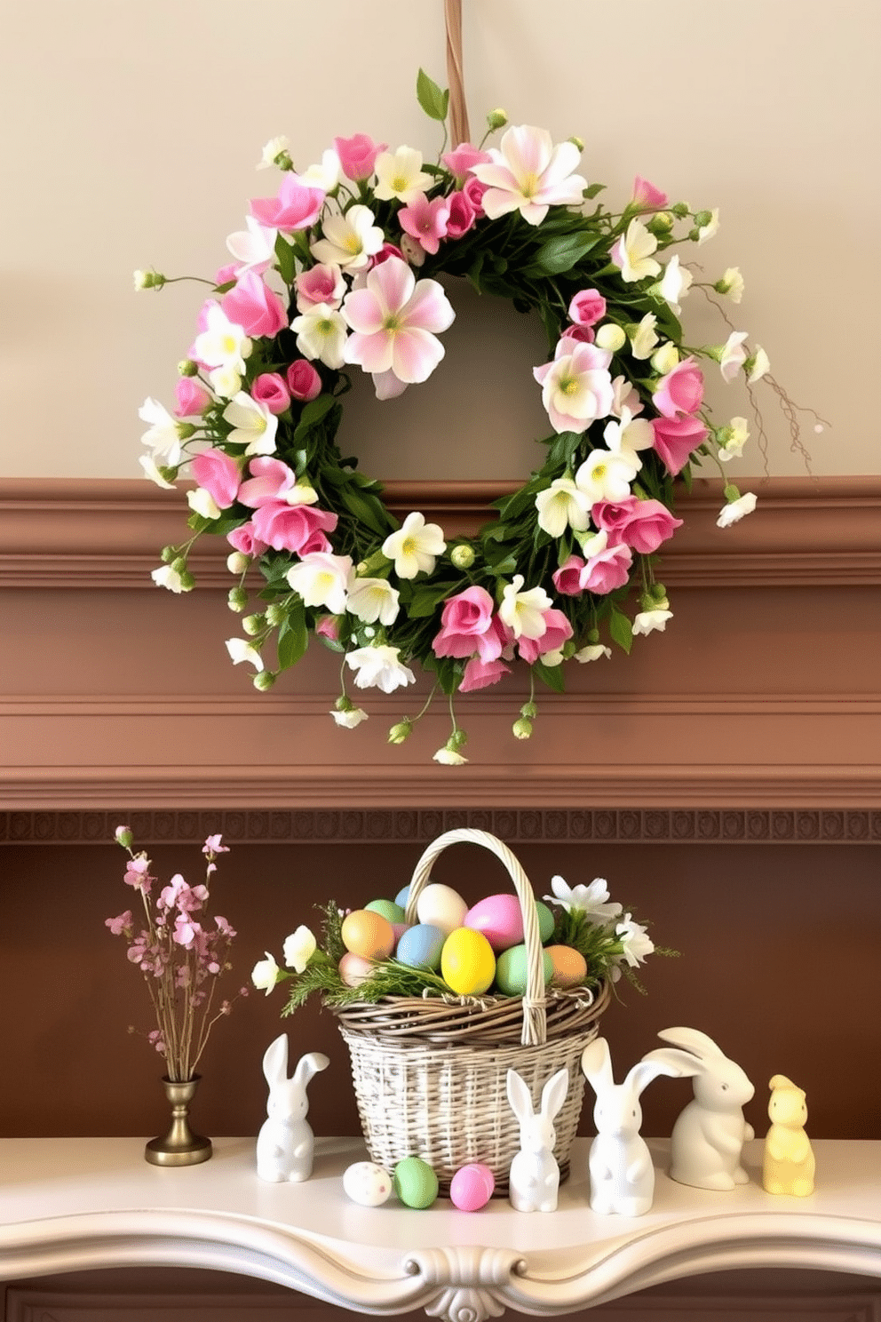 A vibrant spring floral wreath adorned with pastel blooms hangs gracefully above the mantel, bringing a fresh and cheerful touch to the room. Below, the fireplace is elegantly decorated with an array of Easter-themed accents, including colorful eggs nestled in a charming basket and delicate bunny figurines, creating a festive and inviting atmosphere.