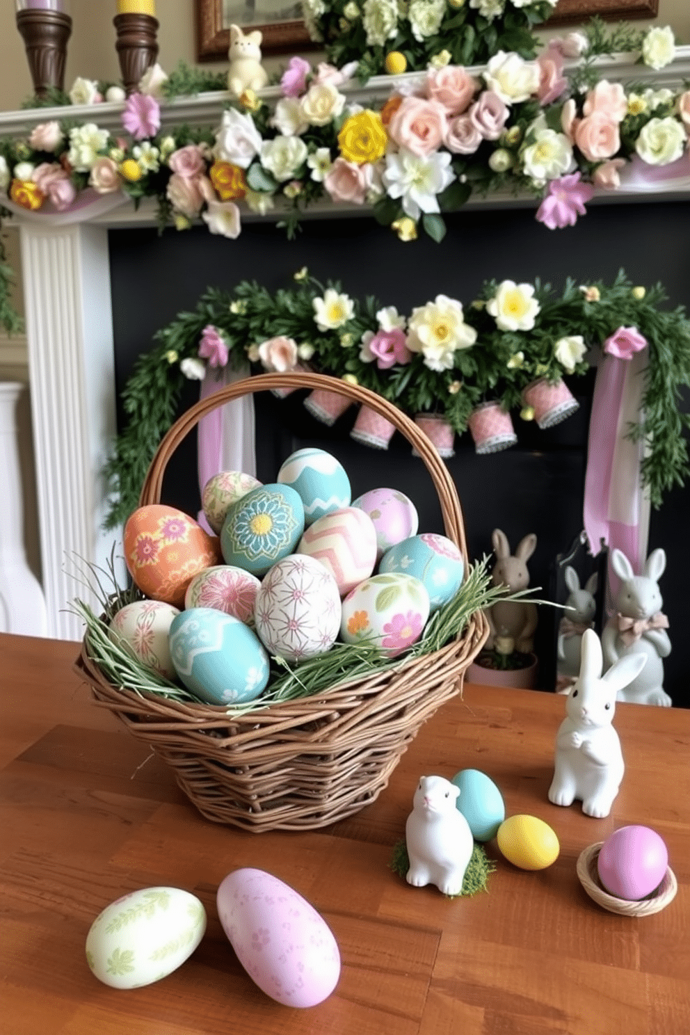 A vibrant display of hand-painted Easter eggs is arranged in a decorative basket, showcasing a variety of intricate designs and colors. The basket is placed on a rustic wooden table, surrounded by soft pastel decorations that evoke a cheerful spring ambiance. The fireplace is adorned with festive Easter decorations, featuring a garland of faux flowers and greenery draped elegantly across the mantle. Colorful eggs and charming bunny figurines are artfully arranged on the hearth, creating a warm and inviting atmosphere for holiday gatherings.