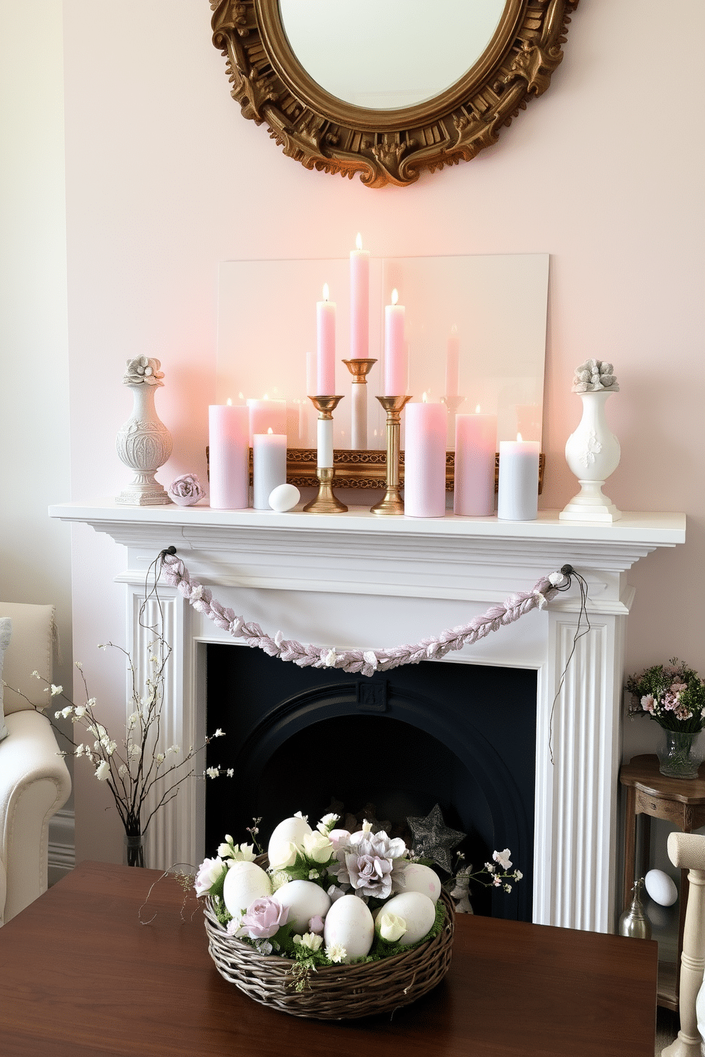 A cozy living room setting featuring a beautifully arranged fireplace adorned with soft pink and blue candles. The candles are artfully placed on the mantel, surrounded by delicate Easter decorations such as pastel-colored eggs and floral arrangements.