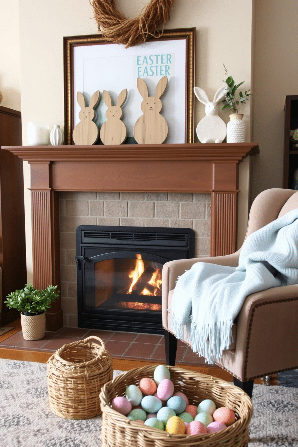 A cozy living room adorned for Easter, featuring rustic wooden bunny cutouts placed on the mantelpiece above a warm, crackling fireplace. The space is decorated with soft pastel accents, including a light blue throw blanket draped over a plush armchair and a woven basket filled with colorful eggs nestled in front of the fireplace.