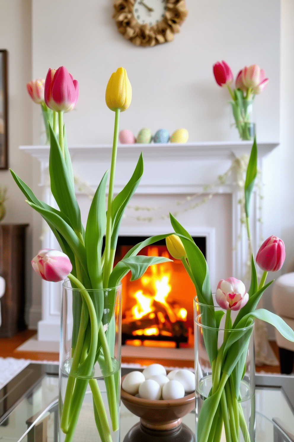 A bright and cheerful living room adorned with fresh tulips in elegant glass vases. The vibrant colors of the tulips contrast beautifully against the soft, neutral tones of the room, creating a welcoming atmosphere. A cozy fireplace serves as the focal point, decorated with subtle Easter accents like pastel-colored eggs and delicate spring-themed garlands. The warm glow from the fire enhances the festive ambiance, inviting guests to gather and enjoy the seasonal decor.