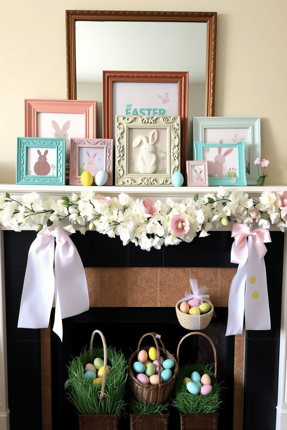 A charming display of Easter-themed picture frames adorns a mantelpiece, showcasing vibrant pastel colors and playful designs. Each frame is uniquely styled, featuring bunnies, eggs, and spring flowers, creating a festive and inviting atmosphere. The fireplace is elegantly decorated for Easter, draped with a soft, white garland interspersed with colorful eggs and delicate blossoms. On the hearth, a collection of decorative baskets filled with faux grass and chocolate eggs adds a whimsical touch to the seasonal decor.