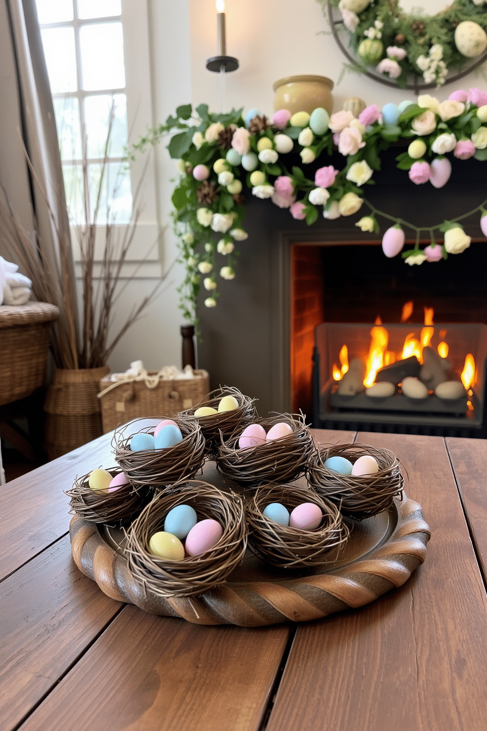 A collection of delicate miniature bird nests, each cradling pastel-colored eggs, is artfully arranged on a rustic wooden table. Soft, natural light filters through a nearby window, highlighting the intricate details of the nests and creating a serene, springtime ambiance. A cozy fireplace is adorned with charming Easter decorations, featuring a garland of faux flowers and colorful eggs draped across the mantel. Flickering flames cast a warm glow, inviting guests to gather around and enjoy the festive atmosphere.