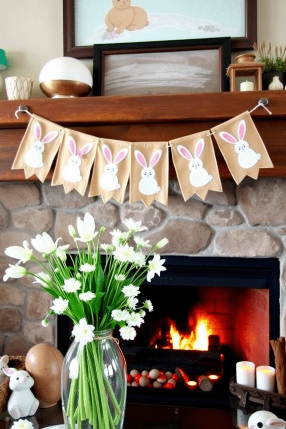 A charming burlap bunny banner drapes across a rustic mantel, adding a whimsical touch to the Easter decor. The banner features hand-painted bunnies in pastel colors, each adorned with delicate floral accents that enhance the festive atmosphere. A cozy fireplace serves as the focal point of the room, surrounded by soft, pastel-colored decorations. Fresh spring flowers in a vase sit atop the mantel, complementing the warm glow of the fire and creating an inviting ambiance for holiday gatherings.