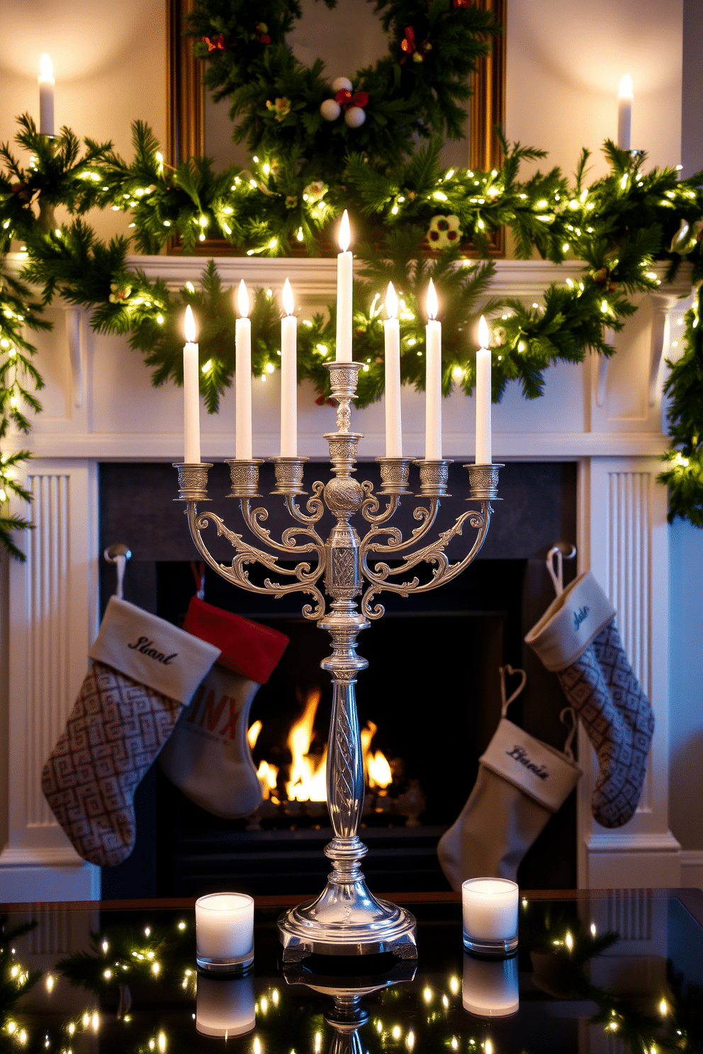 An elegant menorah stands as the focal point of the room, crafted from polished silver with intricate designs that catch the light. Surrounding the menorah, soft candlelight flickers, creating a warm and inviting atmosphere perfect for celebration. The fireplace is adorned with festive decorations, including garlands of greenery intertwined with twinkling lights. Stockings hang from the mantel, each one personalized, adding a touch of warmth and family tradition to the Hanukkah festivities.