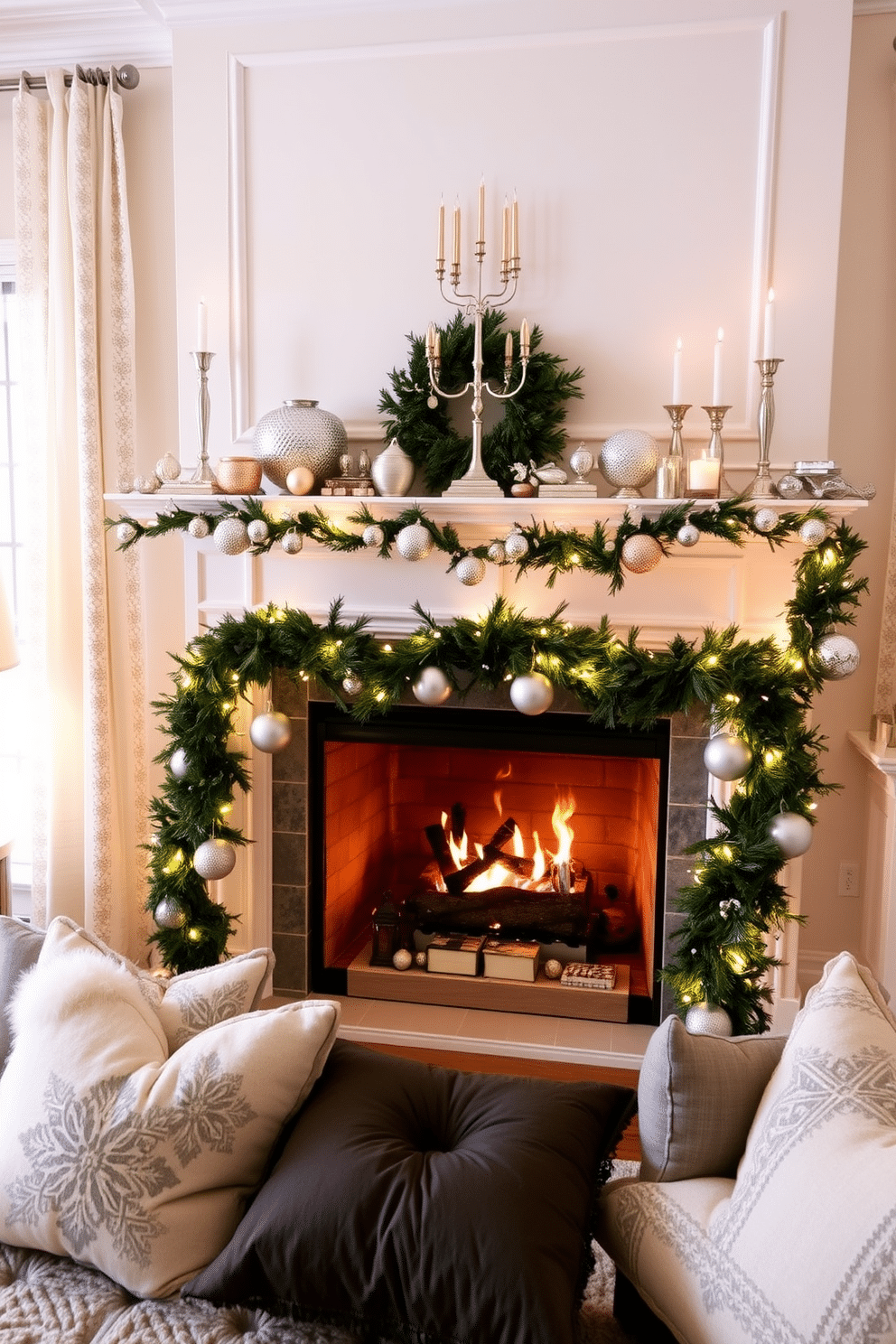 A cozy living room adorned with silver and gold accents that sparkle in the warm glow of the fireplace. Elegant ornaments and decorative pieces in metallic hues are strategically placed on the mantel, enhancing the festive atmosphere for Hanukkah celebrations. The fireplace is beautifully decorated with garlands of greenery interspersed with twinkling lights and shimmering ornaments. Plush cushions in rich fabrics and colors complement the overall design, inviting guests to gather and enjoy the holiday spirit.