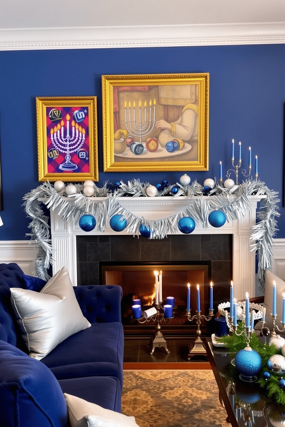 A cozy living room adorned with Hanukkah-themed artwork, featuring vibrant prints of menorahs and dreidels framed in elegant gold frames. The walls are painted a soft blue, creating a serene backdrop for the colorful decorations, while a plush navy sofa is accented with decorative pillows in shades of silver and blue. The fireplace is beautifully decorated for Hanukkah, draped with a shimmering silver garland and surrounded by blue and white candles. On the mantel, a collection of menorahs and festive ornaments adds a warm glow, inviting family and friends to gather and celebrate the season.