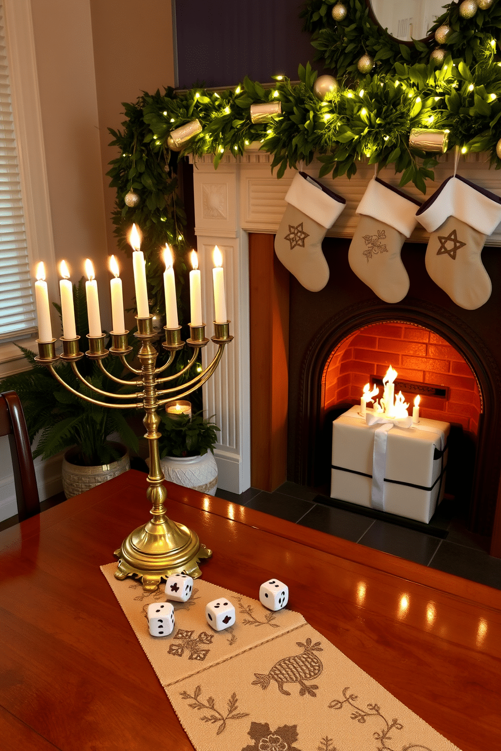 A vintage menorah stands elegantly on a polished wooden table, its brass finish catching the warm glow of nearby candles. Surrounding it are delicate, hand-painted dreidels and a festive table runner featuring traditional motifs, creating a classic Hanukkah atmosphere. The fireplace is adorned with lush greenery and twinkling fairy lights, enhancing the cozy ambiance of the room. Stockings hang from the mantel, each embroidered with festive symbols, while a beautifully wrapped gift sits at the hearth, inviting warmth and celebration.