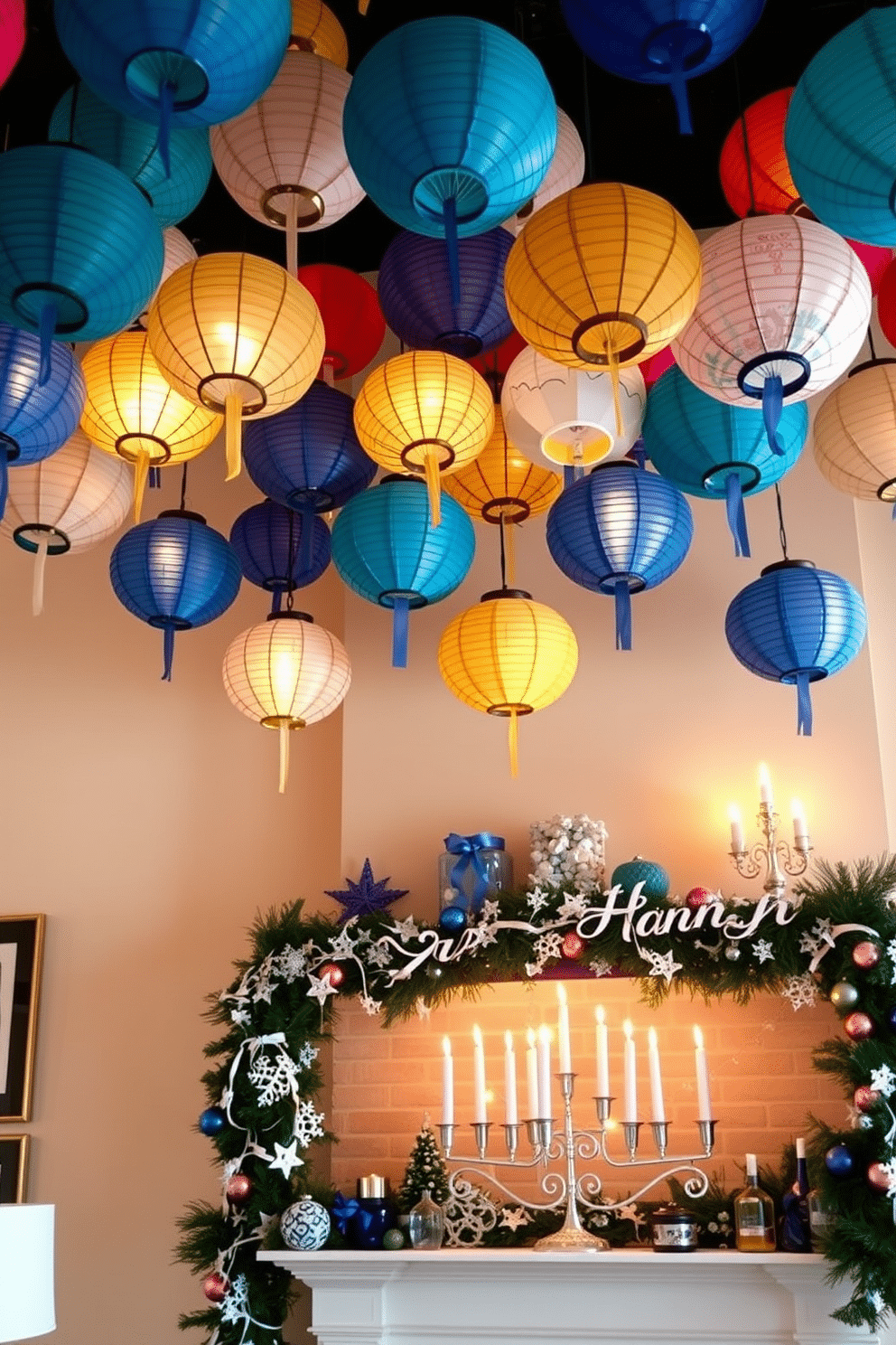 A vibrant display of colorful paper lanterns hangs from the ceiling, casting a warm and playful glow throughout the room. The lanterns are arranged in various sizes and patterns, creating a whimsical atmosphere perfect for gatherings and celebrations. A beautifully decorated fireplace serves as the focal point for Hanukkah celebrations, adorned with elegant blue and silver accents. Festive garlands and menorahs are artfully arranged on the mantel, complemented by flickering candles that enhance the cozy ambiance.