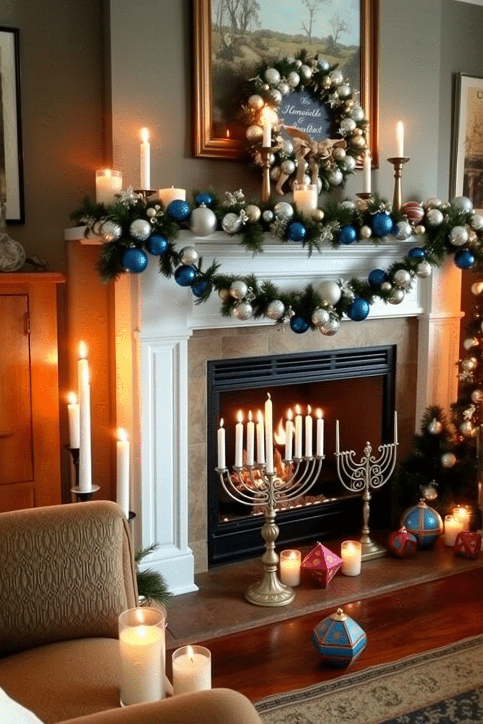 A cozy living room adorned with seasonal scents from decorative candles placed strategically on the mantelpiece. The flickering flames cast a warm glow, enhancing the inviting atmosphere for family gatherings. A beautifully decorated fireplace serves as the centerpiece for Hanukkah celebrations, featuring a garland of blue and silver ornaments. Elegant menorahs and vibrant dreidels are arranged on the hearth, creating a festive and welcoming space.