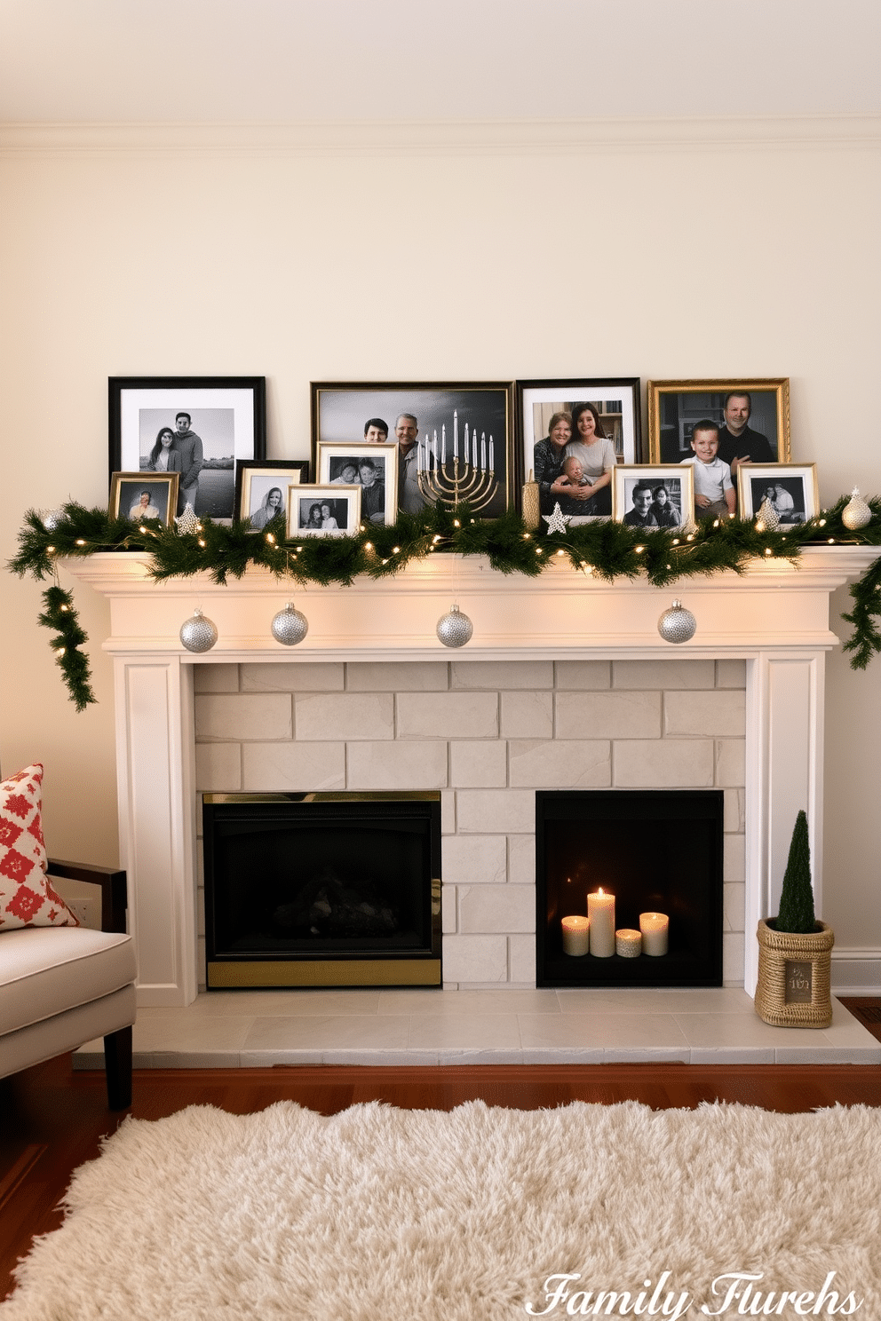 A cozy living room adorned with family photos in festive frames, capturing cherished moments throughout the years. The photos are arranged on a mantel above a beautifully designed fireplace, which is decorated with elegant Hanukkah ornaments and soft, twinkling lights. The fireplace itself features a classic stone surround, adding warmth to the space. A plush area rug lies beneath, complementing the holiday decor and creating an inviting atmosphere for family gatherings.