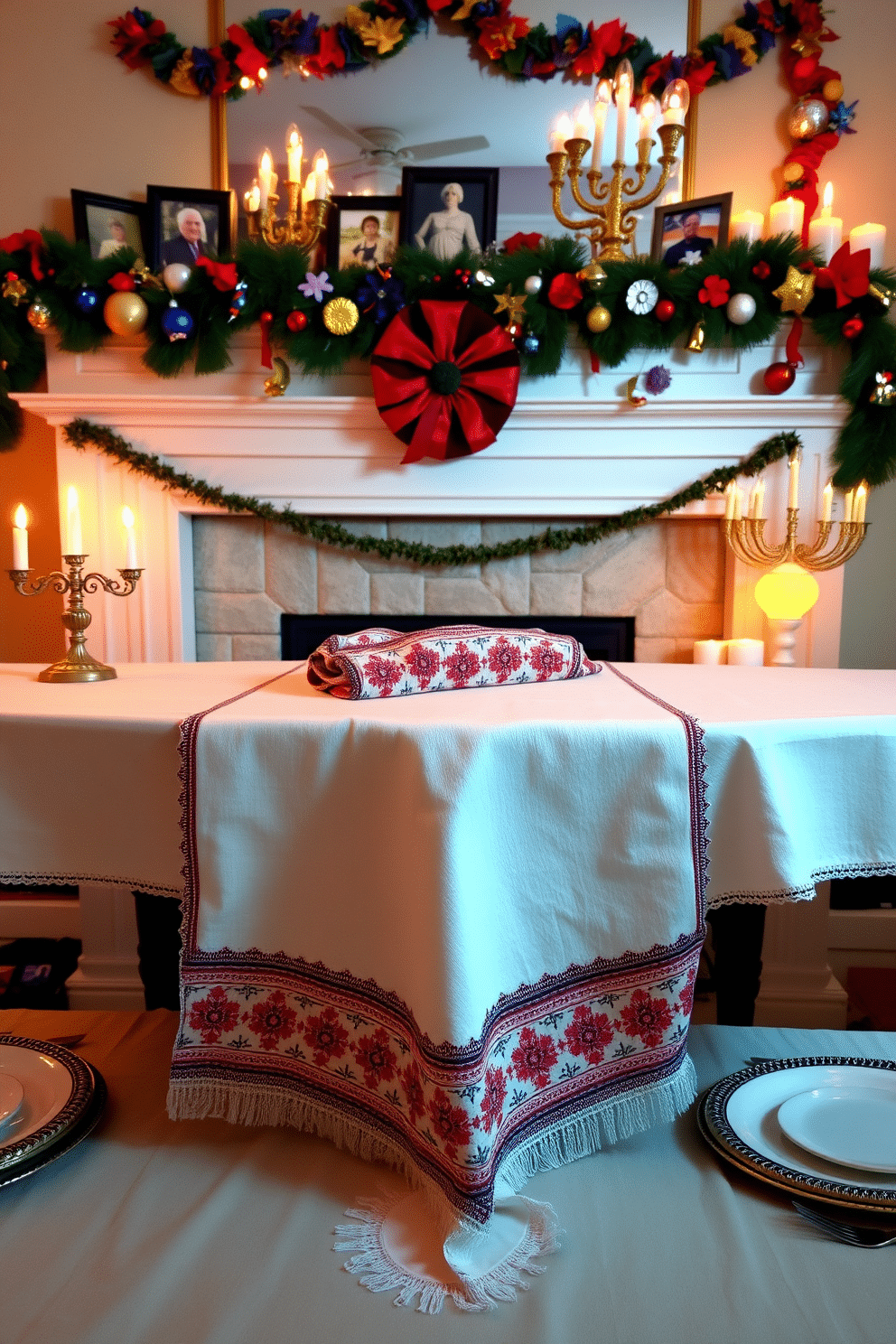 A traditional challah cover draped gracefully over a beautifully set table, featuring intricate embroidery and rich colors that reflect Jewish heritage. Soft candlelight flickers from elegant menorahs, illuminating the scene with warmth and inviting a sense of celebration. A cozy fireplace adorned with festive Hanukkah decorations, including colorful garlands and handmade ornaments. The mantel is lined with family photos and candles, creating a welcoming atmosphere for holiday gatherings.