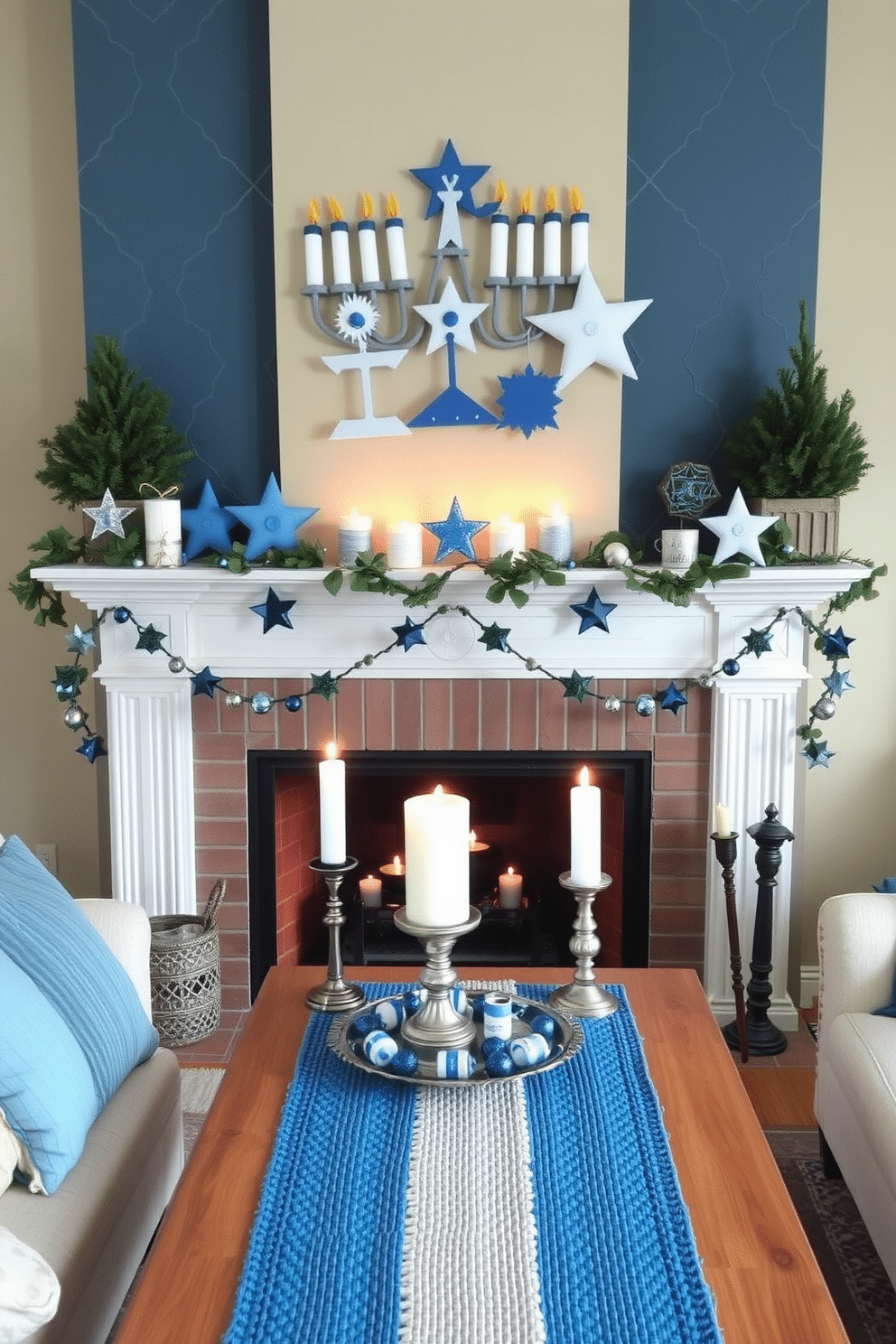 A cozy living room adorned with DIY Hanukkah crafts as decor pieces. Handmade menorahs and star-shaped ornaments are creatively displayed on the mantel, bringing a festive spirit to the space. A warm fireplace setting decorated for Hanukkah. The mantel features a collection of blue and silver accents, including candles, garlands, and a beautiful woven table runner, creating an inviting atmosphere.