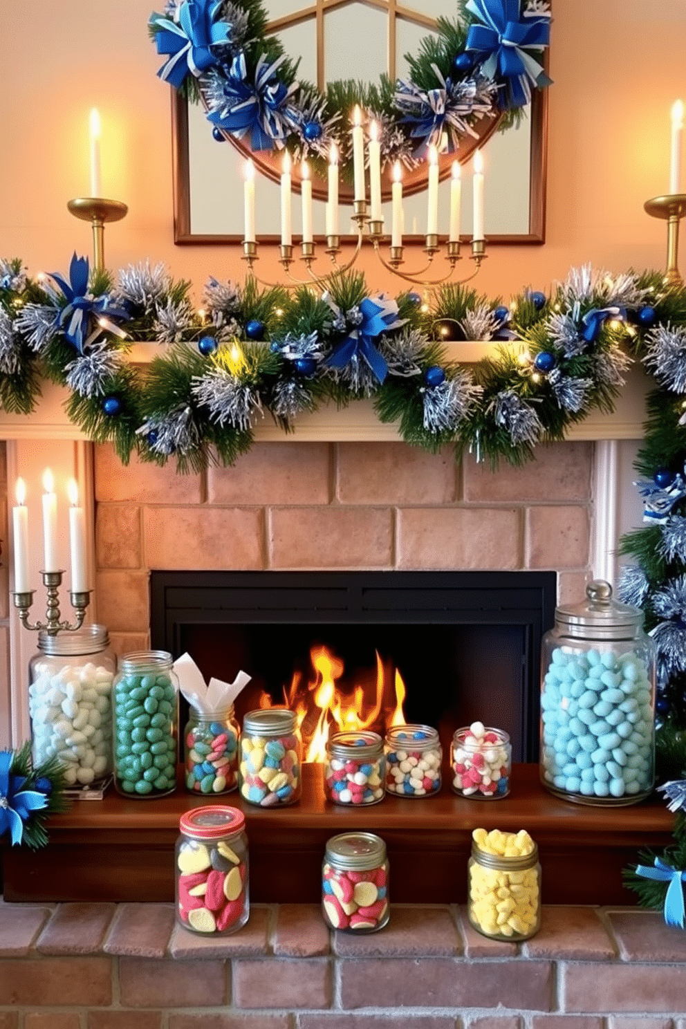 A festive Hanukkah setting featuring a cozy fireplace adorned with garlands of blue and silver, twinkling lights, and traditional menorahs. On the mantel, glass jars filled with colorful gelt and assorted treats are artfully arranged, adding a touch of whimsy and celebration to the warm ambiance.