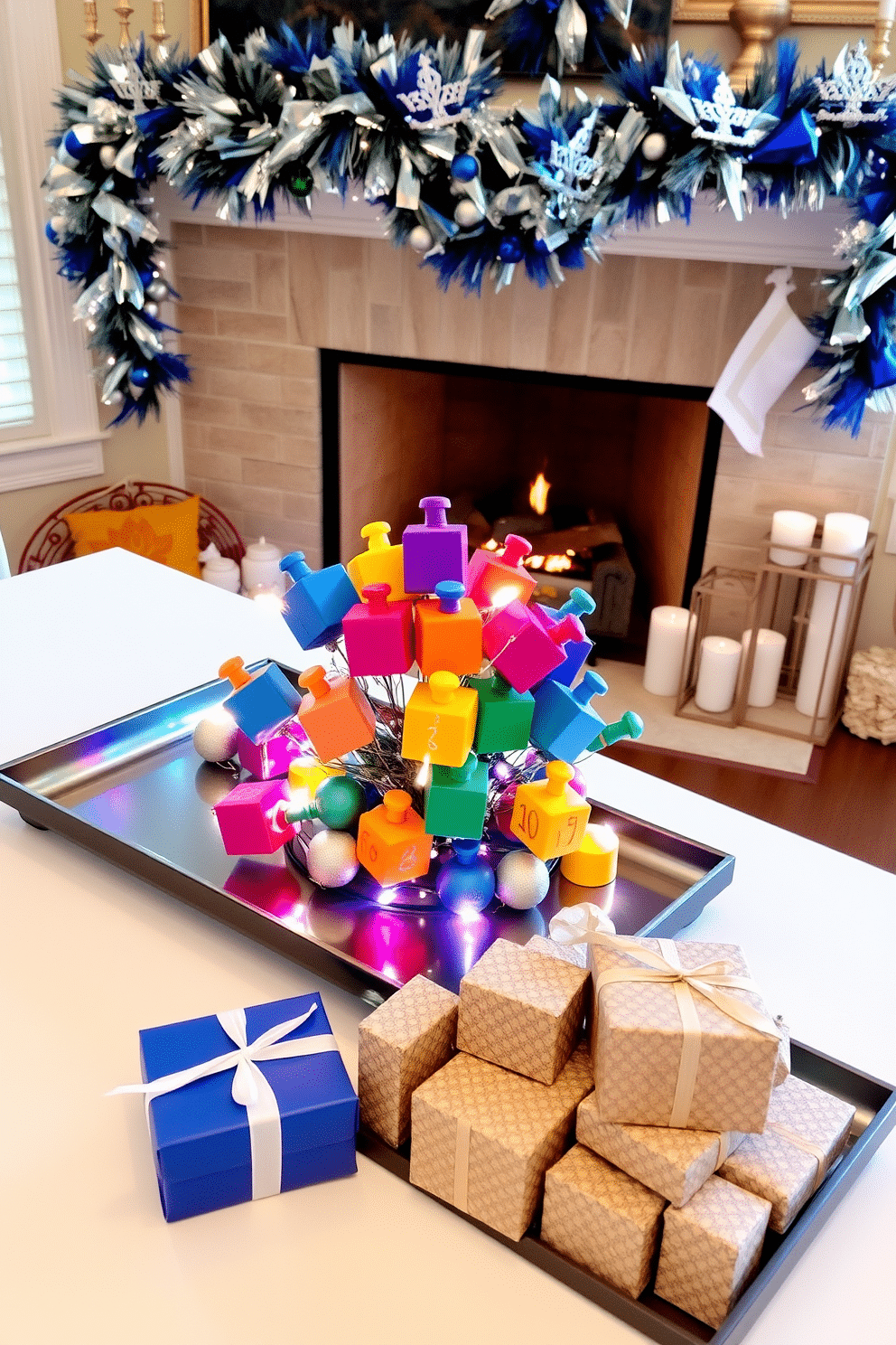 A miniature dreidel centerpiece arrangement features a cluster of colorful dreidels in various sizes, artfully displayed on a sleek, modern tray. Surrounding the dreidels, small LED lights twinkle softly, creating a warm and inviting atmosphere for the festive table. For fireplace Hanukkah decorating ideas, drape a rich blue and silver garland along the mantle, interspersed with sparkling ornaments and small menorahs. On the hearth, place a collection of decorative boxes wrapped in festive paper, adding a touch of elegance and charm to the holiday decor.