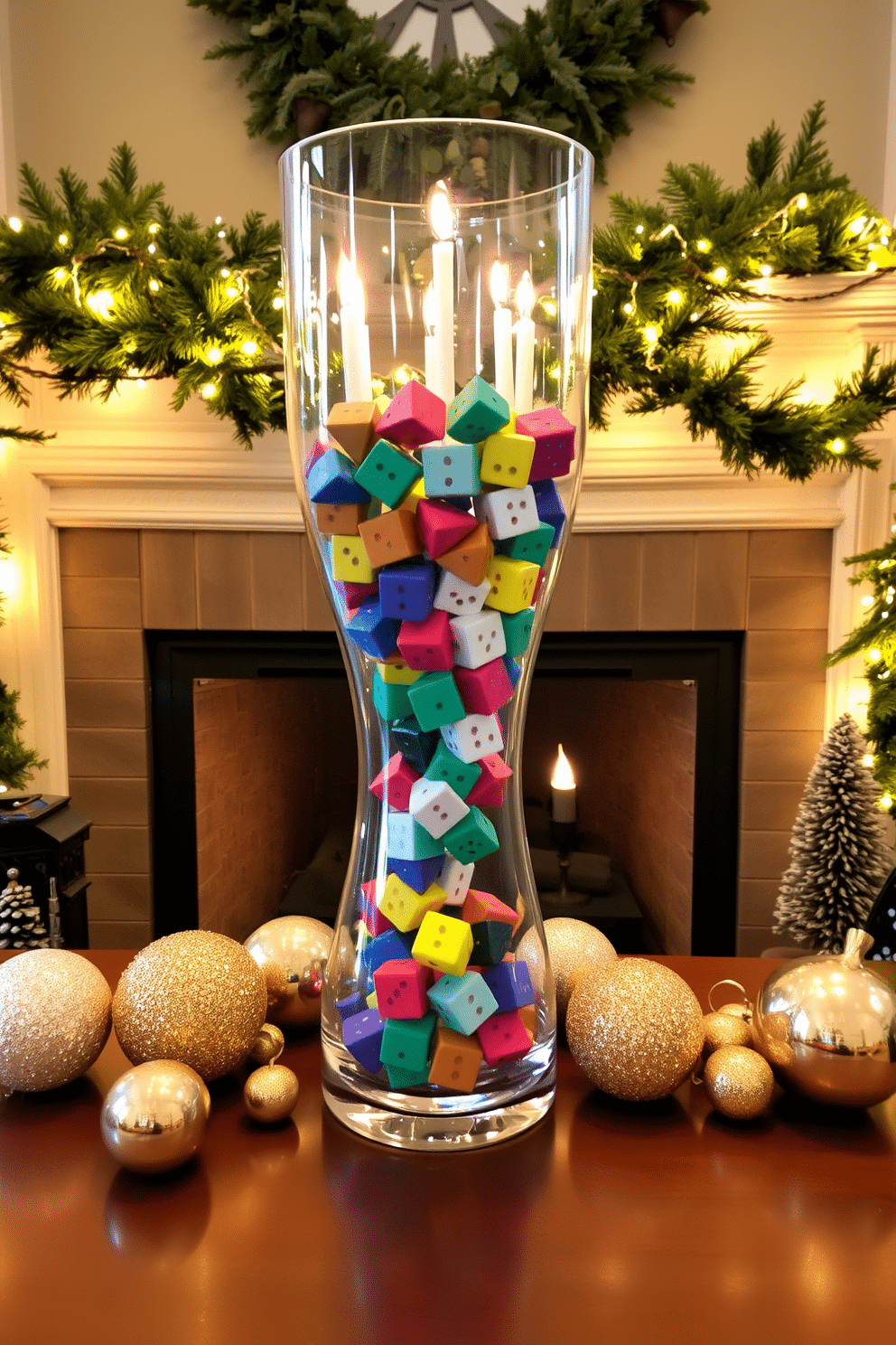 A festive Hanukkah display featuring a large glass hurricane vase filled with colorful dreidels, surrounded by shimmering gold and silver accents. The warm glow of a fireplace serves as the backdrop, adorned with garlands of greenery and twinkling lights, creating a cozy and inviting atmosphere for the holiday season.