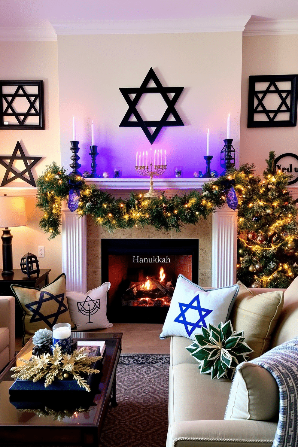 A cozy living room adorned with Star of David accents, featuring decorative pillows and wall art that celebrate Hanukkah traditions. The focal point is a beautifully styled fireplace, draped with festive garlands and menorah-themed decor, creating a warm and inviting atmosphere for holiday gatherings.