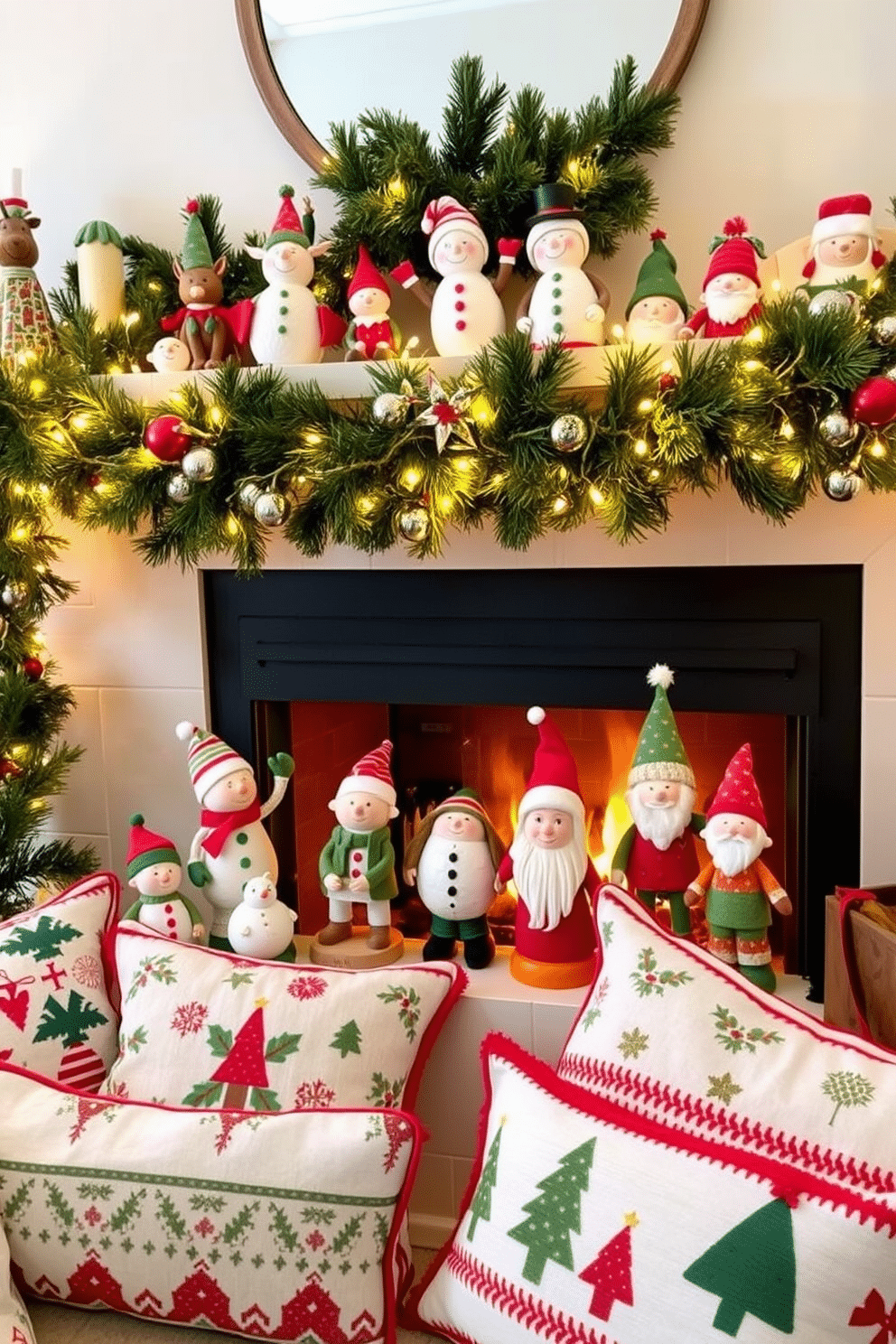 Whimsical holiday figurines are playfully arranged on a mantle, featuring a mix of colorful characters such as snowmen, reindeer, and elves. Each figurine is crafted with intricate details, bringing a sense of joy and charm to the festive decor. The fireplace is adorned with festive garlands and twinkling fairy lights, creating a warm and inviting atmosphere. Surrounding the hearth, cozy throws and pillows in holiday patterns invite family and friends to gather and celebrate the season.