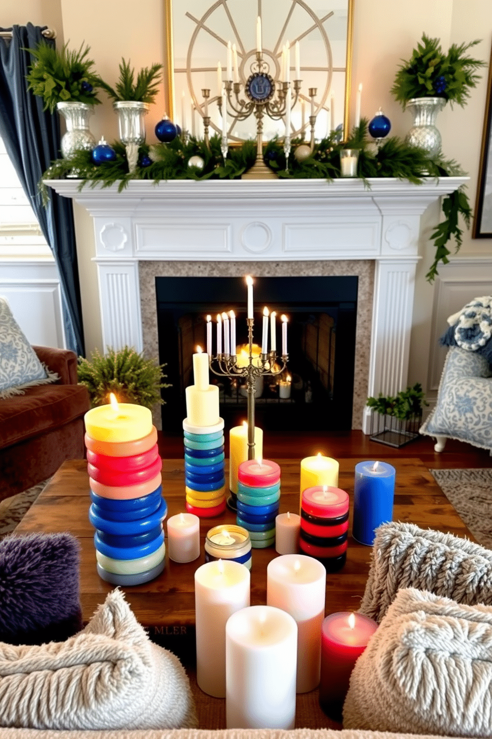 A cozy living room adorned with layered candles in varying colors, creating a warm and inviting atmosphere. The candles are arranged on a rustic wooden coffee table, surrounded by soft, plush cushions in rich textures. A beautifully decorated fireplace serves as the focal point, adorned with festive Hanukkah decorations. Elegant blue and silver accents complement the warm glow of the candles, while a menorah stands proudly on the mantel, surrounded by seasonal greenery.