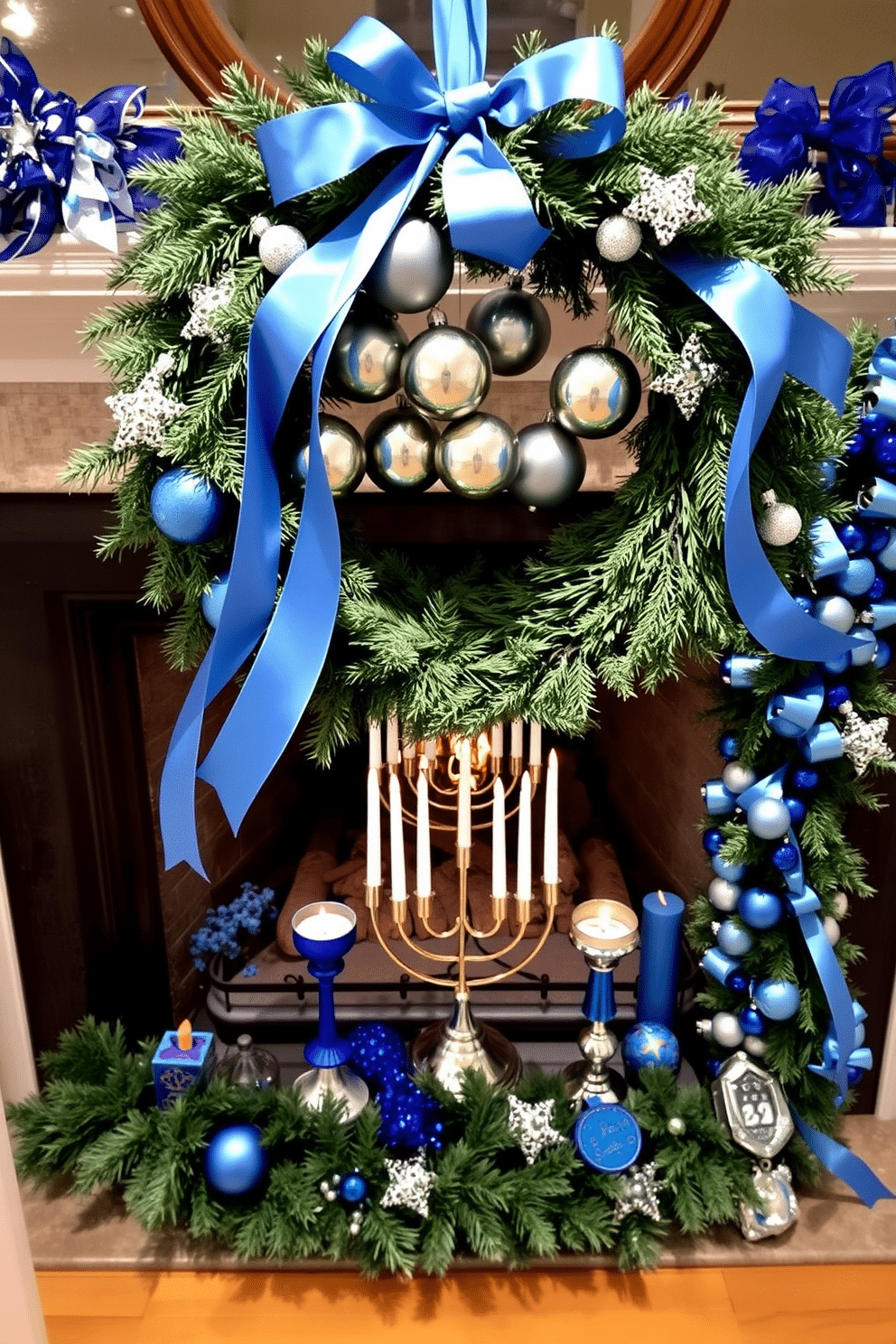 A seasonal wreath adorned with blue ribbons hangs elegantly on the front door, welcoming guests with a touch of festive charm. The wreath is crafted from fresh evergreen branches, accented with sparkling ornaments and delicate blue satin ribbons that flow gracefully. The fireplace is beautifully decorated for Hanukkah, featuring a stunning menorah as the centerpiece. Surrounding the menorah are vibrant blue and silver accents, including decorative candles, dreidels, and a cozy garland that adds warmth and a festive spirit to the room.