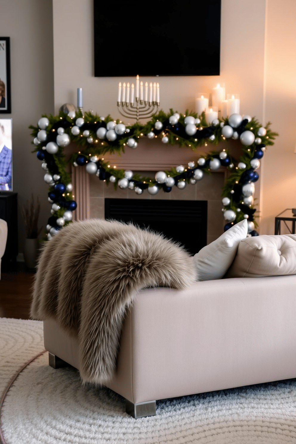 A cozy living room adorned with a plush faux fur throw draped over a modern sectional sofa, inviting warmth and comfort. The fireplace, elegantly decorated for Hanukkah, features a beautiful menorah and garlands of blue and silver ornaments, creating a festive atmosphere.