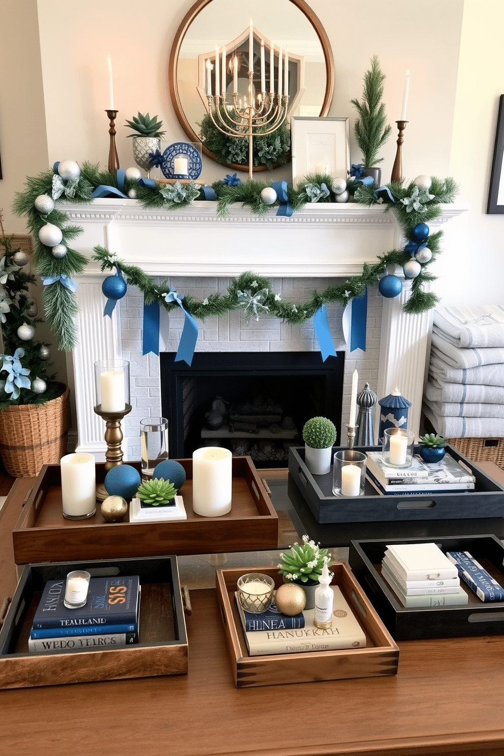 A collection of decorative trays arranged on a stylish coffee table, showcasing an assortment of candles, books, and small plants. The trays are made of various materials, including wood, metal, and ceramic, each adding a unique texture to the display. A beautifully decorated fireplace adorned for Hanukkah, featuring a menorah with lit candles on the mantel. Surrounding the fireplace are festive decorations in blue and silver tones, including garlands, ornaments, and a cozy stack of blankets for warmth.