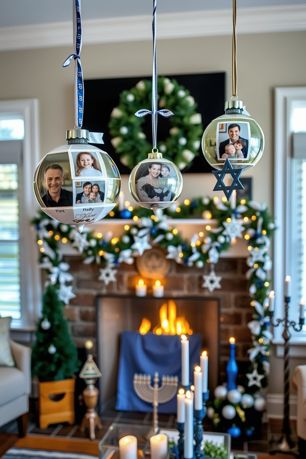 A cozy living room adorned with hanging ornaments that showcase cherished family memories. Each ornament is uniquely designed, featuring photographs and mementos, creating a nostalgic atmosphere that invites warmth and togetherness. A beautifully decorated fireplace serves as the focal point for Hanukkah celebrations. It is adorned with blue and silver accents, including garlands of stars and menorahs, complemented by flickering candles that create a serene and festive ambiance.