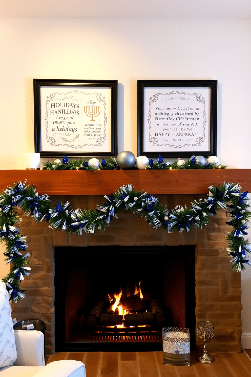 Charming holiday quotes elegantly framed in a cozy living room setting. The frames are adorned with intricate designs, displayed on a rustic wooden mantel above a warm, crackling fireplace. The fireplace is decorated with festive Hanukkah ornaments, including blue and silver garlands. Soft, ambient lighting enhances the warmth of the space, creating a welcoming atmosphere for family gatherings.