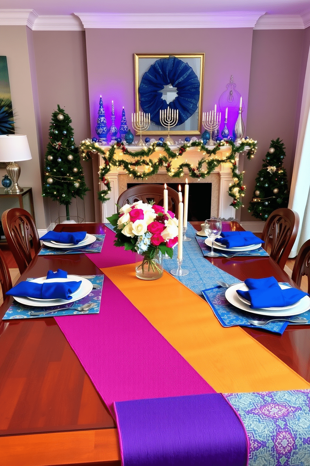 A vibrant dining table adorned with colorful table runners in various patterns and hues, adding a playful touch to the elegant setting. The runners cascade over a polished wooden table, complemented by coordinating dinnerware and fresh floral centerpieces. A cozy living room featuring a beautifully decorated fireplace for Hanukkah, adorned with blue and silver accents. The mantel is embellished with menorahs, festive garlands, and twinkling lights, creating a warm and inviting atmosphere for holiday gatherings.