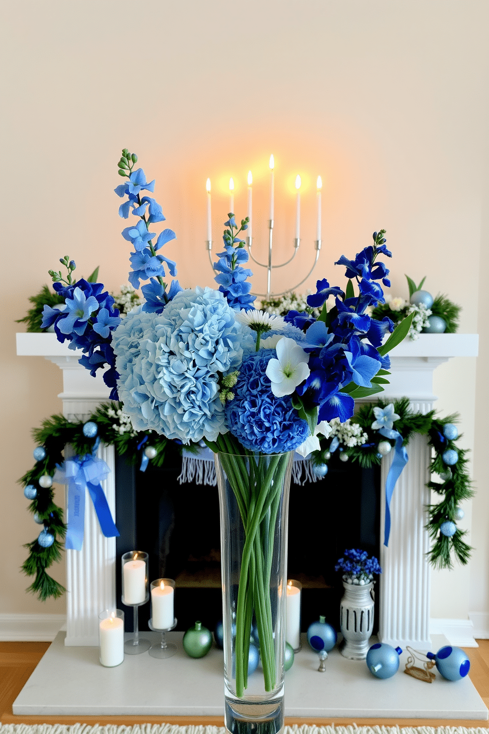 Elegant floral arrangements in shades of blue, featuring hydrangeas, delphiniums, and irises, are artfully arranged in a sleek glass vase. The backdrop is a soft, neutral wall that enhances the vibrancy of the blooms, while subtle greenery adds depth and texture to the composition. A cozy fireplace adorned for Hanukkah, with a beautiful menorah taking center stage, surrounded by blue and silver decorations. Flickering candles cast a warm glow, complemented by festive garlands and decorative dreidels that bring a touch of joy and tradition to the space.