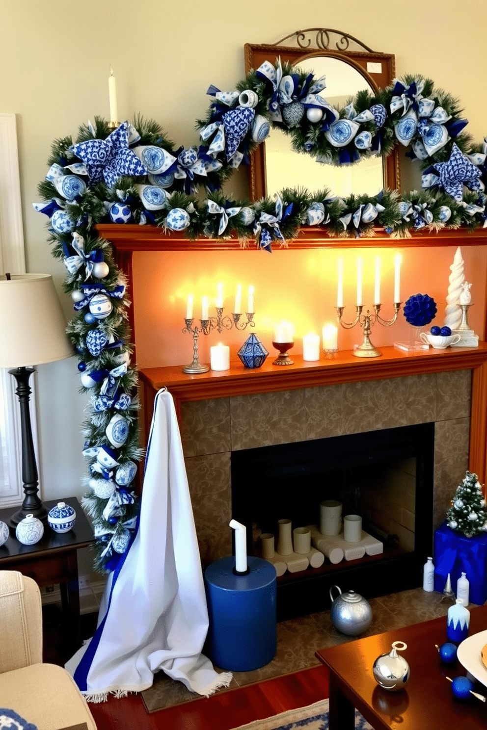 A cozy living room adorned with blue and white themed garland accents drapes elegantly across the mantelpiece, adding a festive touch. The garland features intricate patterns and textures, harmonizing beautifully with the surrounding decor. The fireplace is tastefully decorated for Hanukkah, showcasing a collection of menorahs and candles that glow warmly against the backdrop of the blue and white theme. Surrounding the fireplace, small decorative items like dreidels and festive ornaments enhance the seasonal ambiance, inviting warmth and celebration into the space.