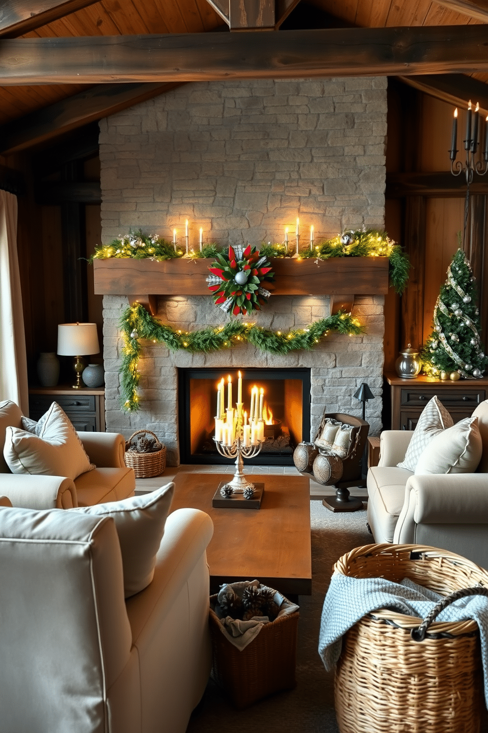 A cozy living room adorned with rustic wooden beams and a reclaimed wood coffee table that invites warmth and relaxation. The fireplace, decorated for Hanukkah, features a beautiful menorah with glowing candles, surrounded by festive garlands and soft, twinkling lights. Plush, oversized armchairs in earthy tones create a welcoming seating area, while a woven basket filled with cozy blankets sits nearby. The mantle is adorned with seasonal decorations, including pinecones and silver accents that reflect the holiday spirit.