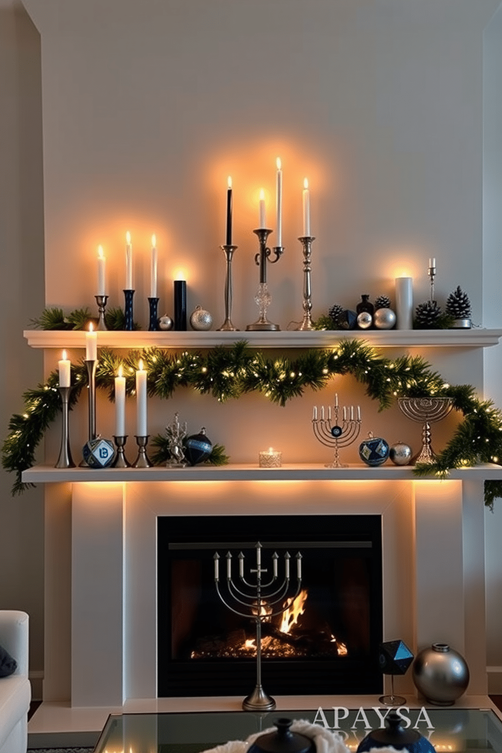 Festive candles of varied heights are elegantly arranged on a sleek mantle, casting a warm glow across the room. Surrounding the candles are decorative elements in shades of blue and silver, enhancing the festive ambiance for Hanukkah celebrations. A beautifully designed fireplace serves as the centerpiece of the living space, adorned with garlands of greenery and twinkling lights. The mantle is decorated with artistic menorahs and colorful dreidels, creating a cozy and inviting atmosphere for family gatherings.