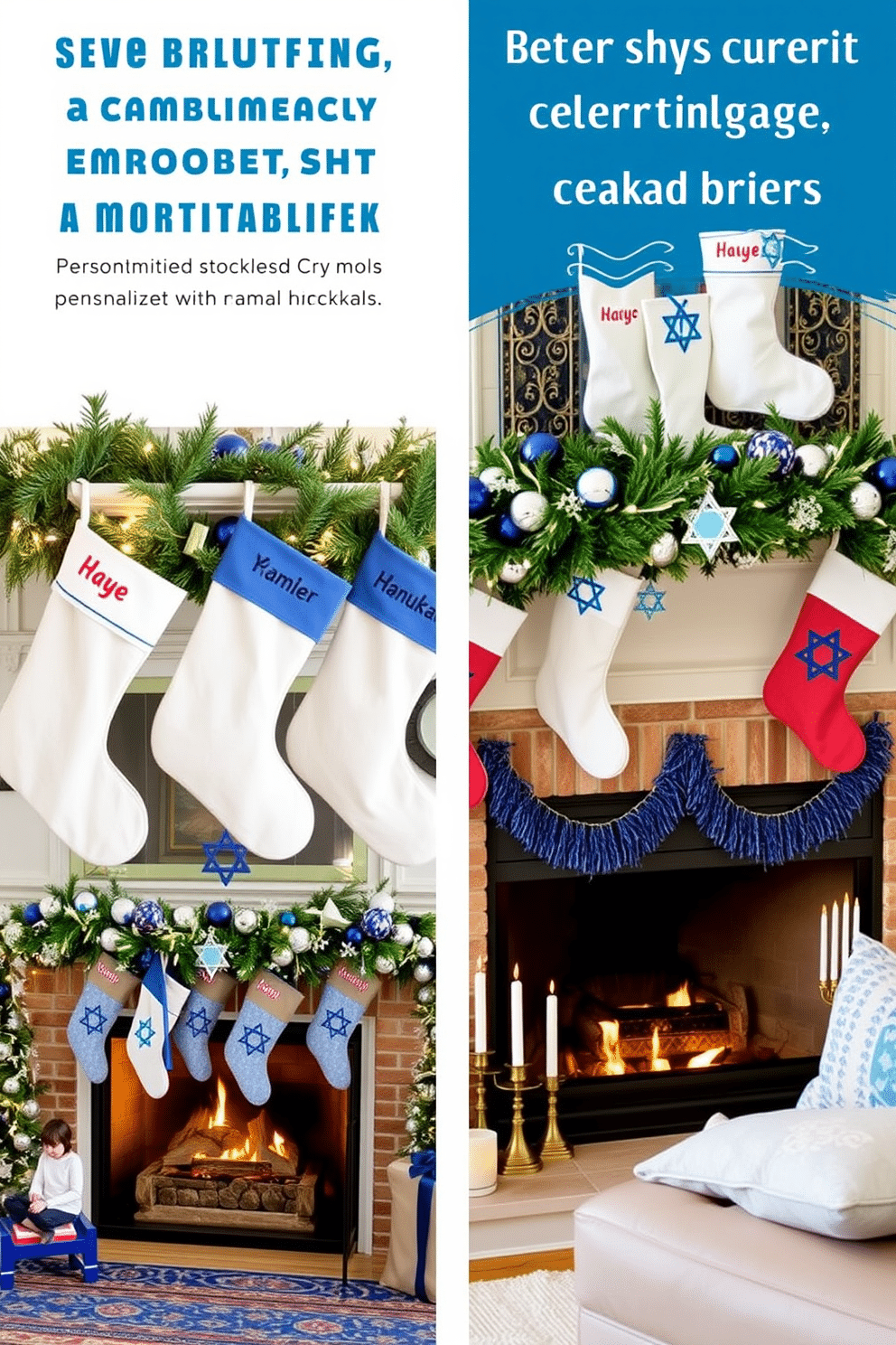 Personalized stockings for each family member, each uniquely designed with their names embroidered in festive colors. The stockings are hung on a beautifully decorated mantle, adorned with twinkling lights and seasonal greenery, creating a warm and inviting atmosphere. Fireplace Hanukkah decorating ideas that incorporate traditional symbols and colors of the holiday. The fireplace is adorned with a blue and silver garland, featuring Star of David ornaments and menorah accents, while a cozy seating area invites family gatherings during the celebrations.