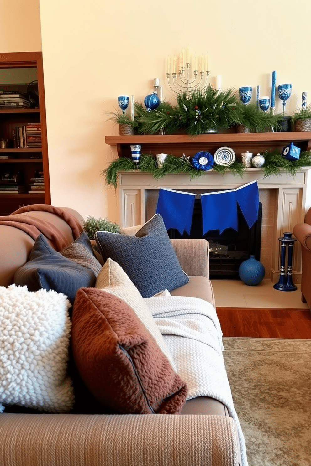 A warm living room setting featuring layered textures with cozy blankets draped over a plush sofa. The space is accented by a soft area rug, and a variety of throw pillows in rich, inviting colors enhance the overall comfort. A beautifully decorated fireplace serves as the focal point, adorned with festive Hanukkah decorations. Elegant blue and silver accents, including menorahs and decorative dreidels, are thoughtfully arranged on the mantel, creating a welcoming atmosphere for celebrations.