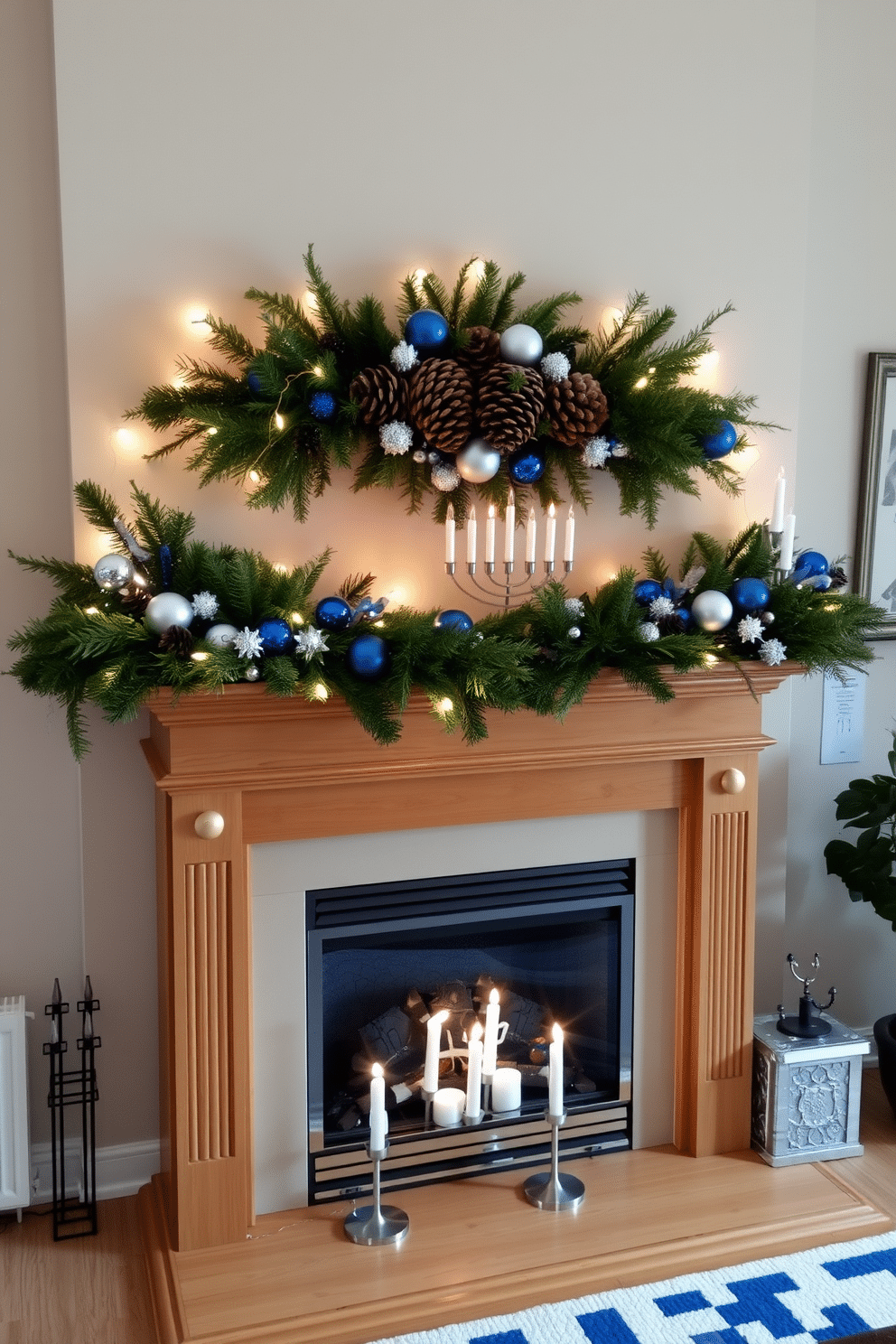 A cozy living room adorned for Hanukkah, featuring a beautifully decorated fireplace. Above the mantel, pinecones and fresh greenery are artfully arranged, complemented by twinkling fairy lights and elegant blue and silver ornaments. The fireplace itself is surrounded by a warm wood finish, with a stylish hearth that invites gathering. On the mantel, a collection of menorahs and candles adds a festive glow, creating a welcoming atmosphere for family and friends.