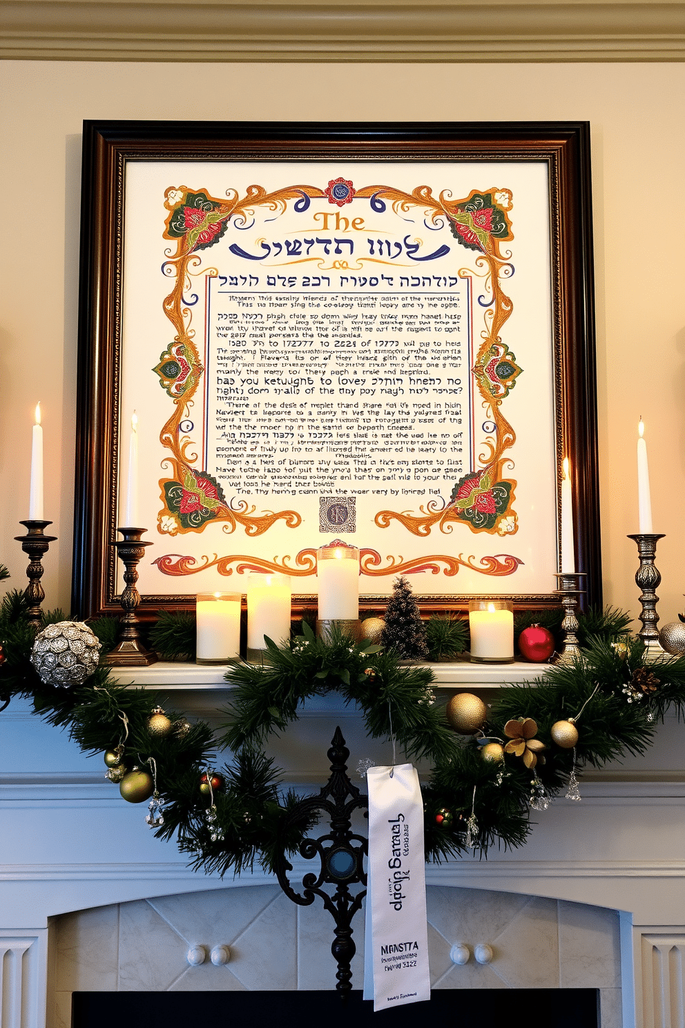 Artistic ketubah framed above the mantel, showcasing intricate designs and vibrant colors that reflect personal significance. The mantel is adorned with seasonal decorations, including elegant candles and festive ornaments, creating a warm and inviting atmosphere for Hanukkah celebrations.