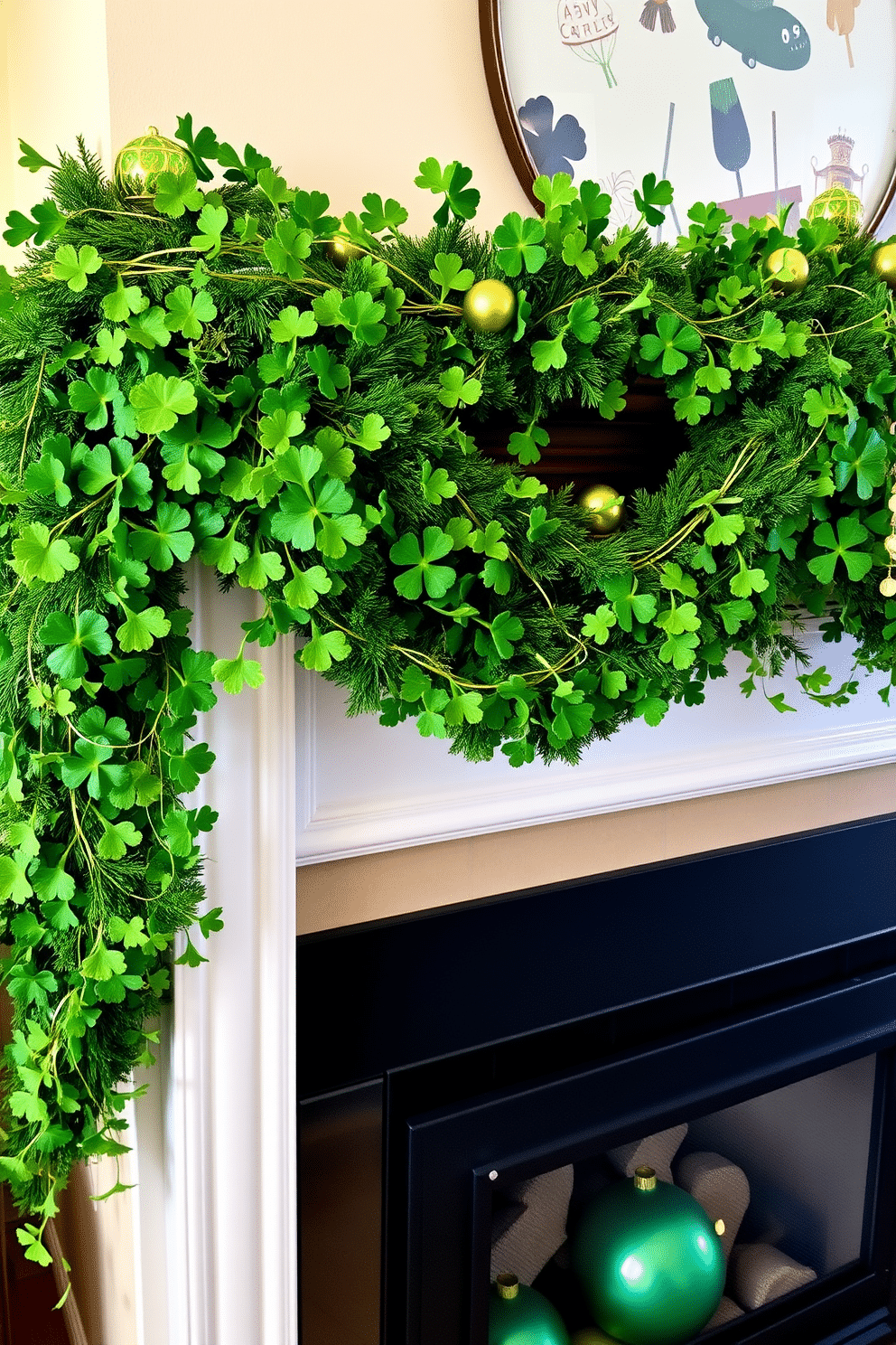 A festive fireplace adorned with a lush green and gold garland, featuring vibrant shamrocks intertwined throughout. The mantel is decorated with small gold accents and St. Patrick's Day themed ornaments, creating a warm and inviting atmosphere for the holiday.