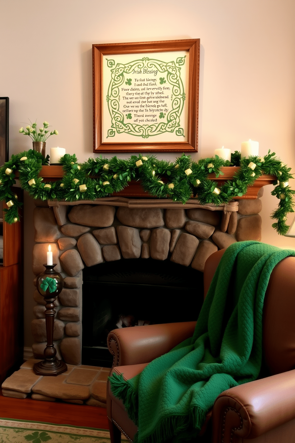 A cozy living room adorned with Irish blessing framed art, featuring intricate Celtic designs in a rustic wooden frame. The art piece hangs above a traditional stone fireplace, which is decorated with garlands of green and gold for St. Patrick's Day, enhancing the festive atmosphere. The fireplace mantle is adorned with small potted shamrocks and candles in varying heights, creating a warm and inviting glow. A plush green throw blanket drapes over a nearby armchair, inviting guests to relax and enjoy the holiday spirit.