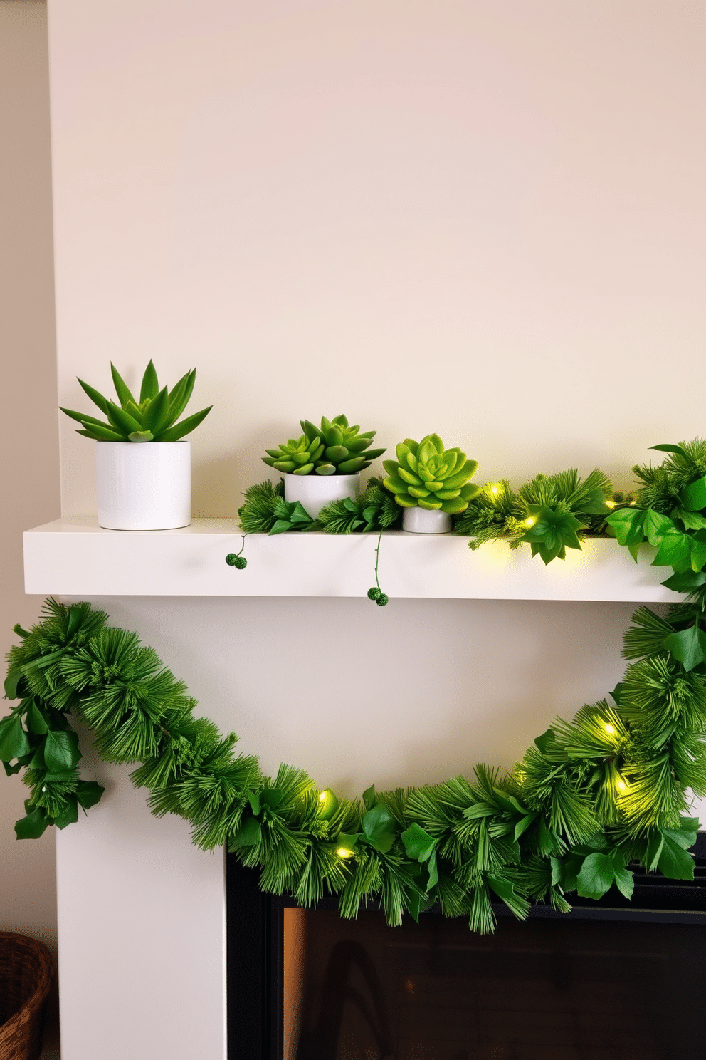 A vibrant arrangement of green succulents in sleek white pots adds a refreshing touch to the space. The pots are strategically placed on a minimalist shelf, allowing the natural beauty of the plants to stand out. A cozy fireplace serves as the focal point of the room, adorned with festive St. Patrick's Day decorations. Lush green garlands and twinkling fairy lights create a warm and inviting atmosphere, perfect for celebrating the holiday.